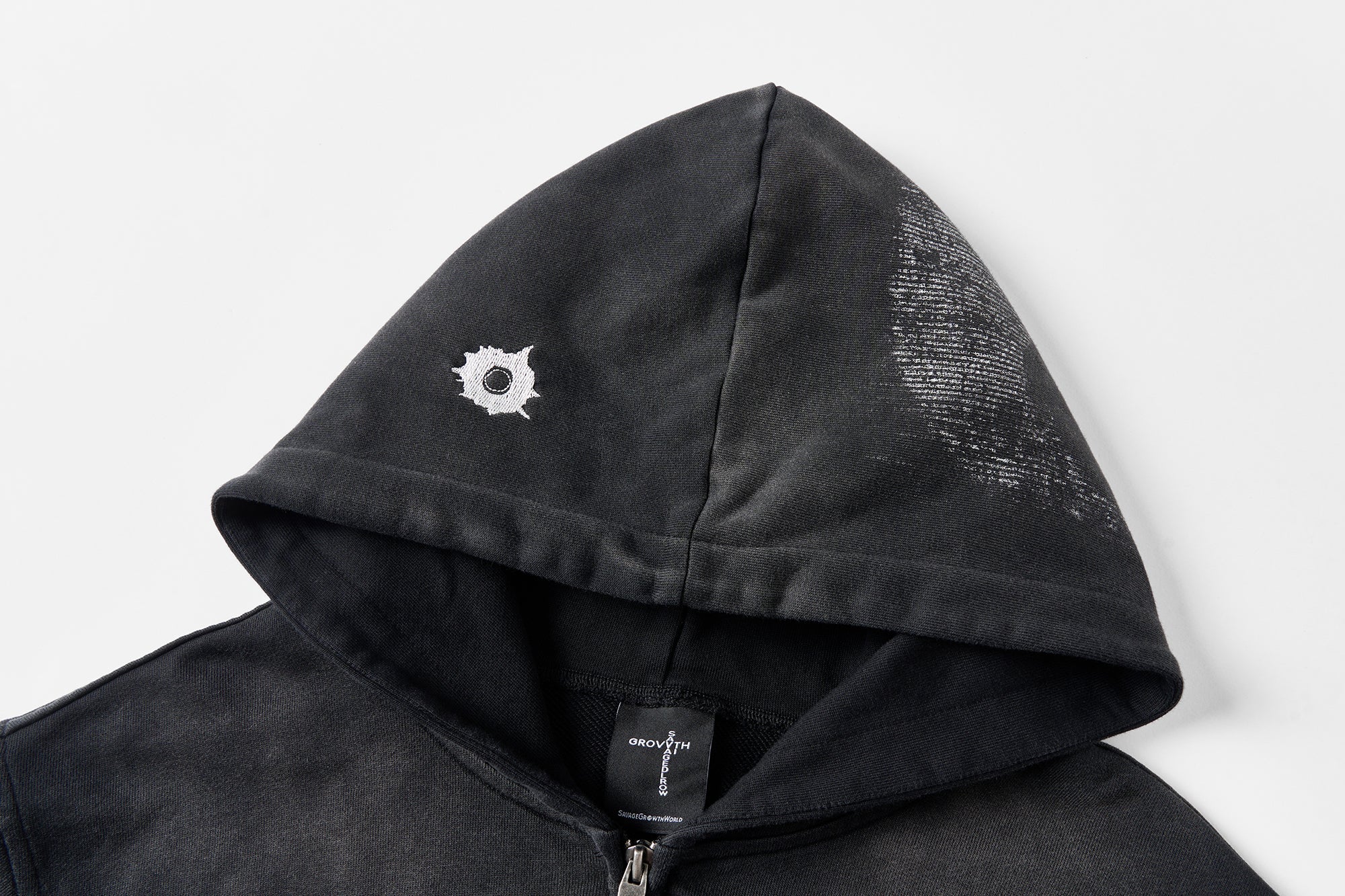 SAVAGEGROWTHWORLD Bullet Hole Graphic Washed Zip-Up Hoodie, premium urban and streetwear designers apparel on PROJECTISR.com, SAVAGEGROWTHWORLD