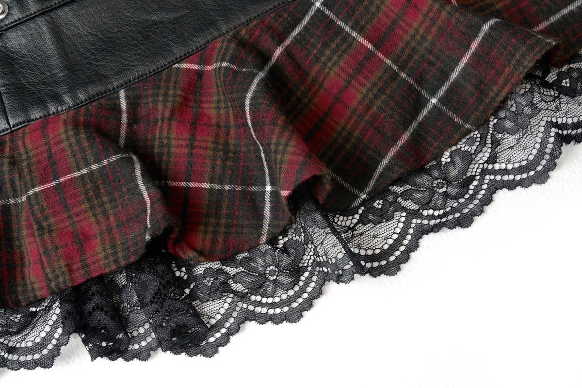 JYOSEI Faux Leather Lace Plaid Low-Rise Mini Skirt