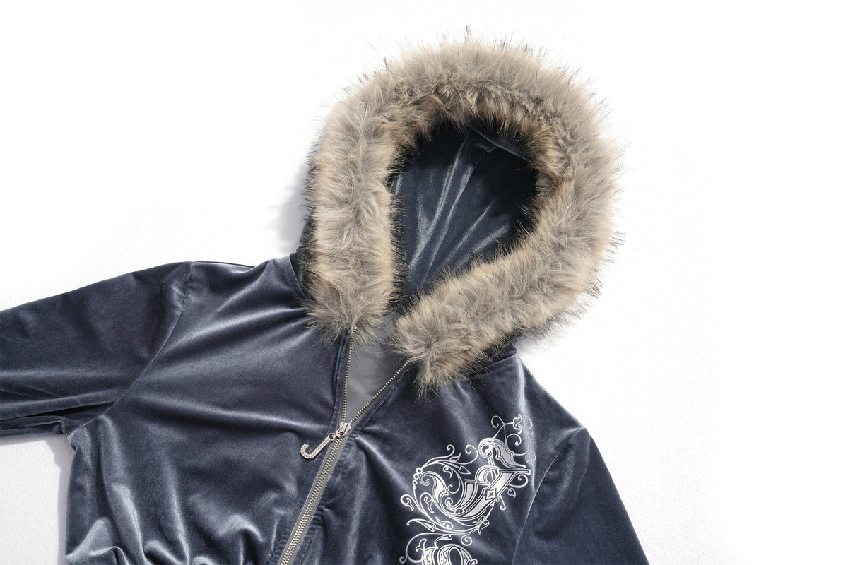 JYOSEI Graphic Velvet Cropped Hoodie & Sweatpants Set