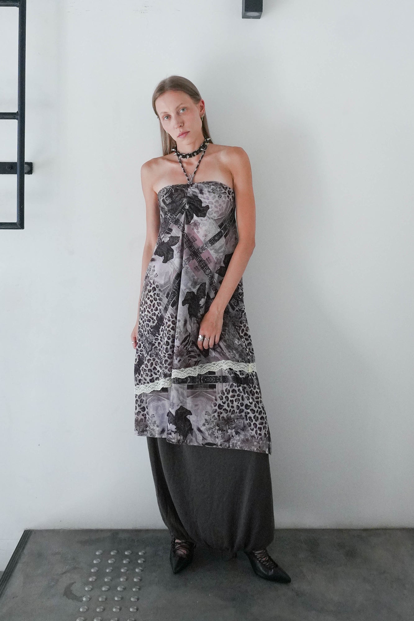JIUWU PARK Convertible Mixed-Print Lace Trim Dress