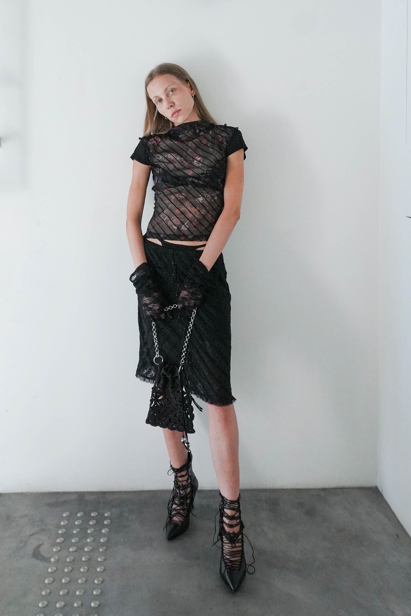 JIUWU PARK Sheer Floral Mesh Layered Bust Top