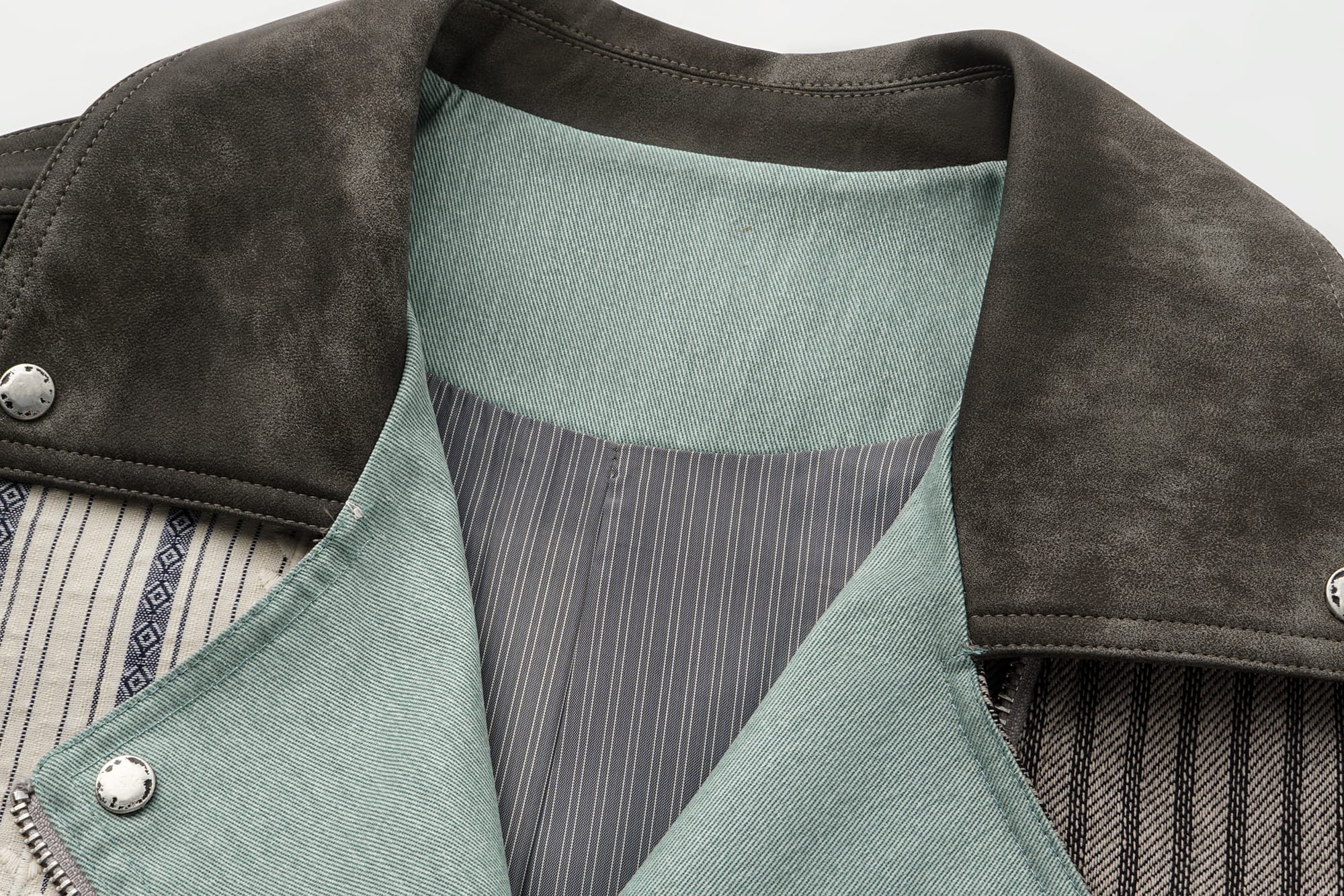 OINIMI Spliced Stripe Paneled Belted Moto Jacket