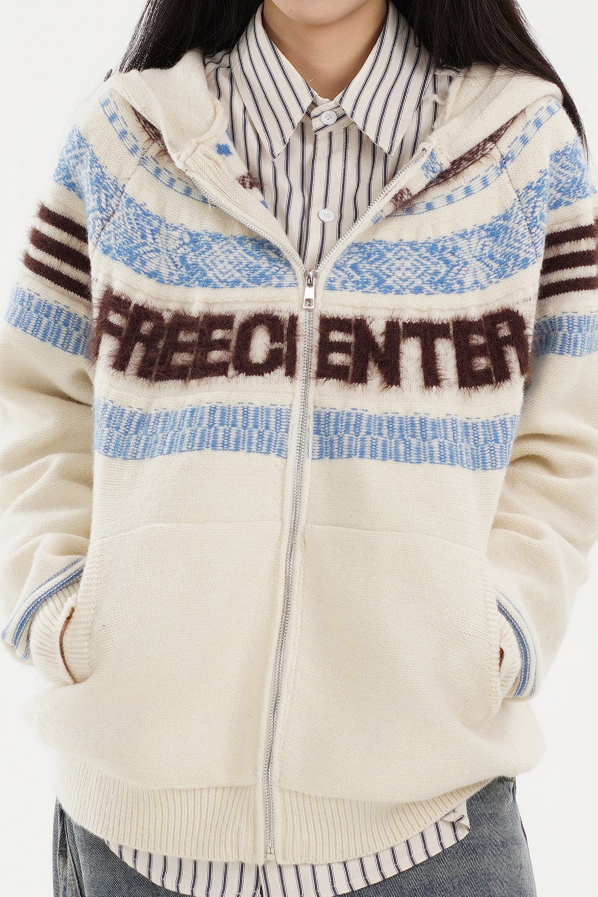 FREE CENTER Retro Fair Isle Detachable Collar Hooded Cardigan