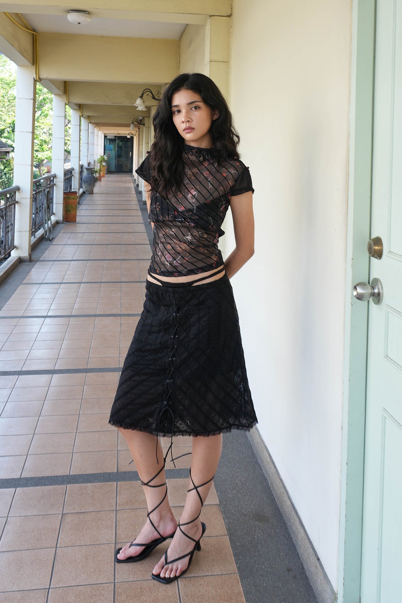 JIUWU PARK Sheer Floral Mesh Layered Bust Top