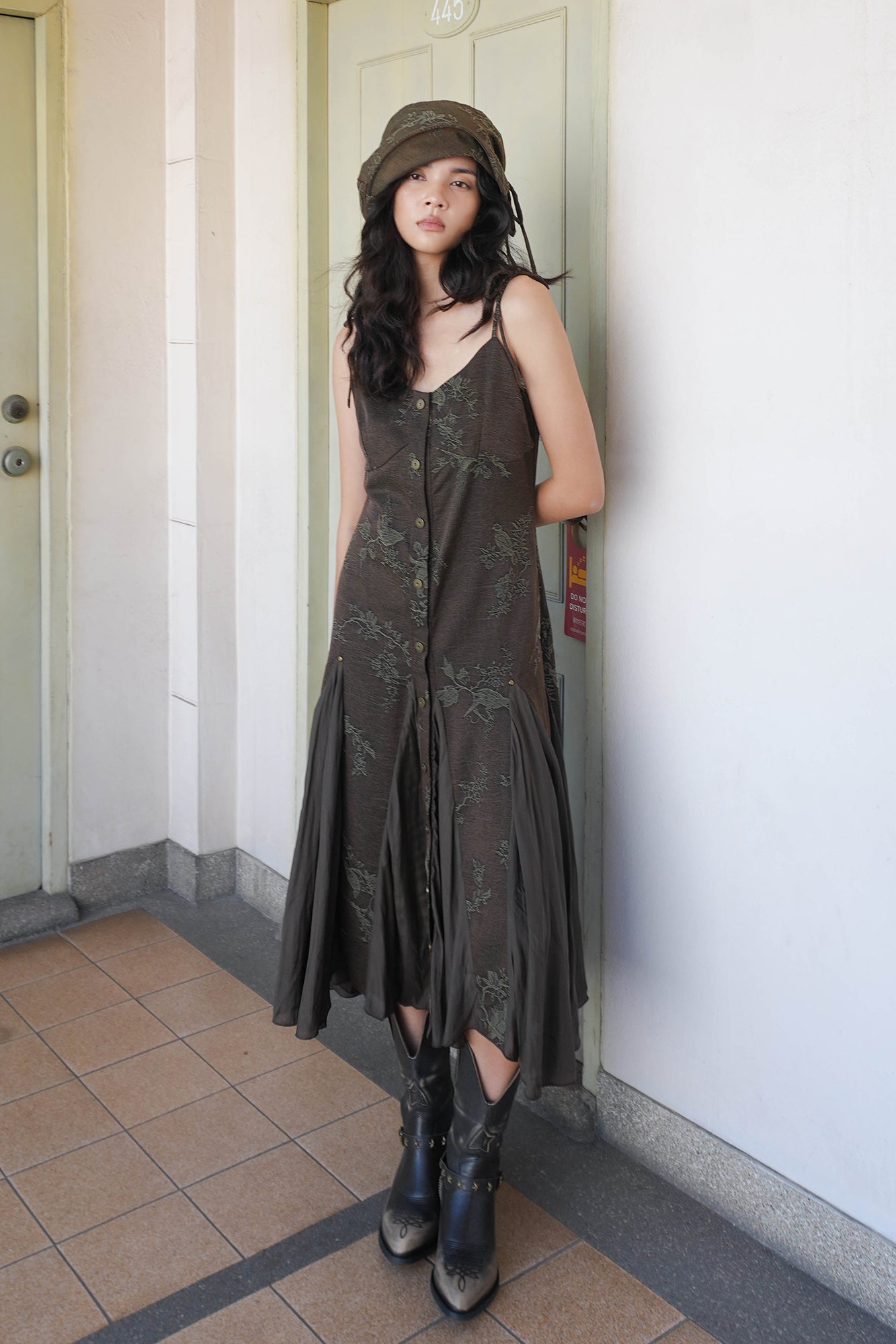 JIUWU PARK Floral Jacquard Sheer Panel Slip Dress