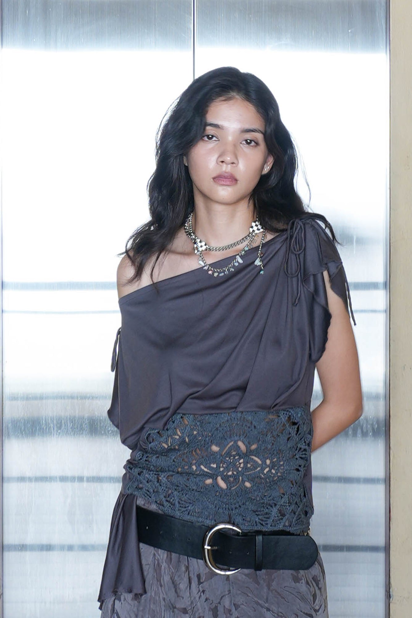 JIUWU PARK Draped Crochet Panel Tee