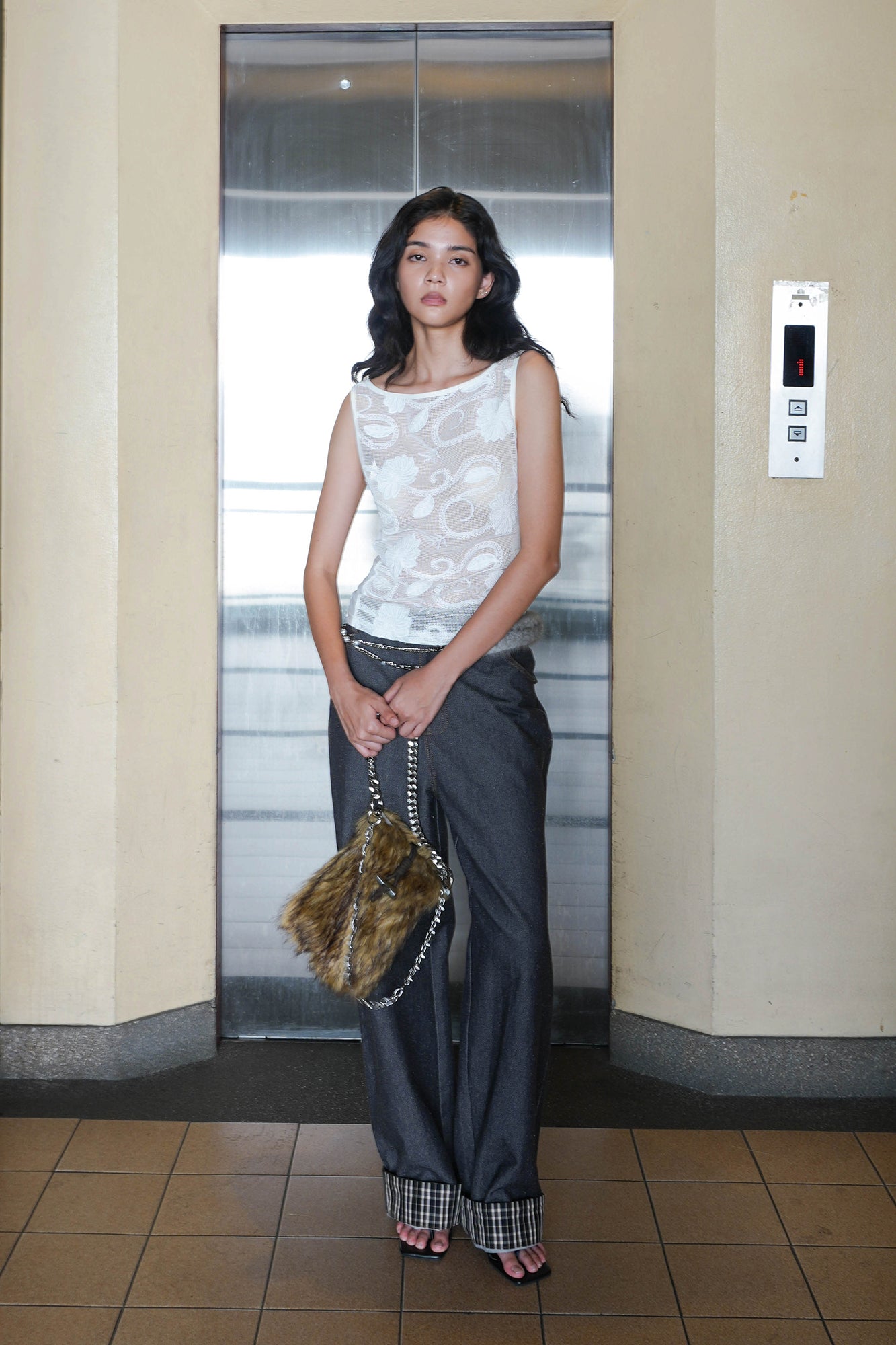 JIUWU PARK Floral Embroidered Mesh Tank Top
