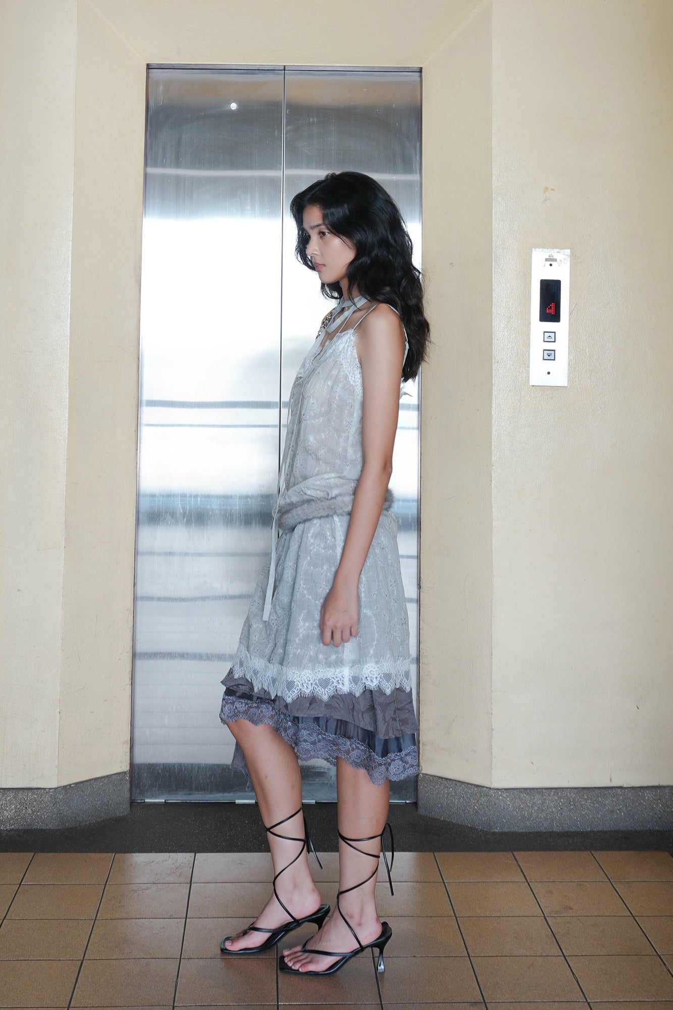 JIUWU PARK Floral Lace Trim Slip Dress