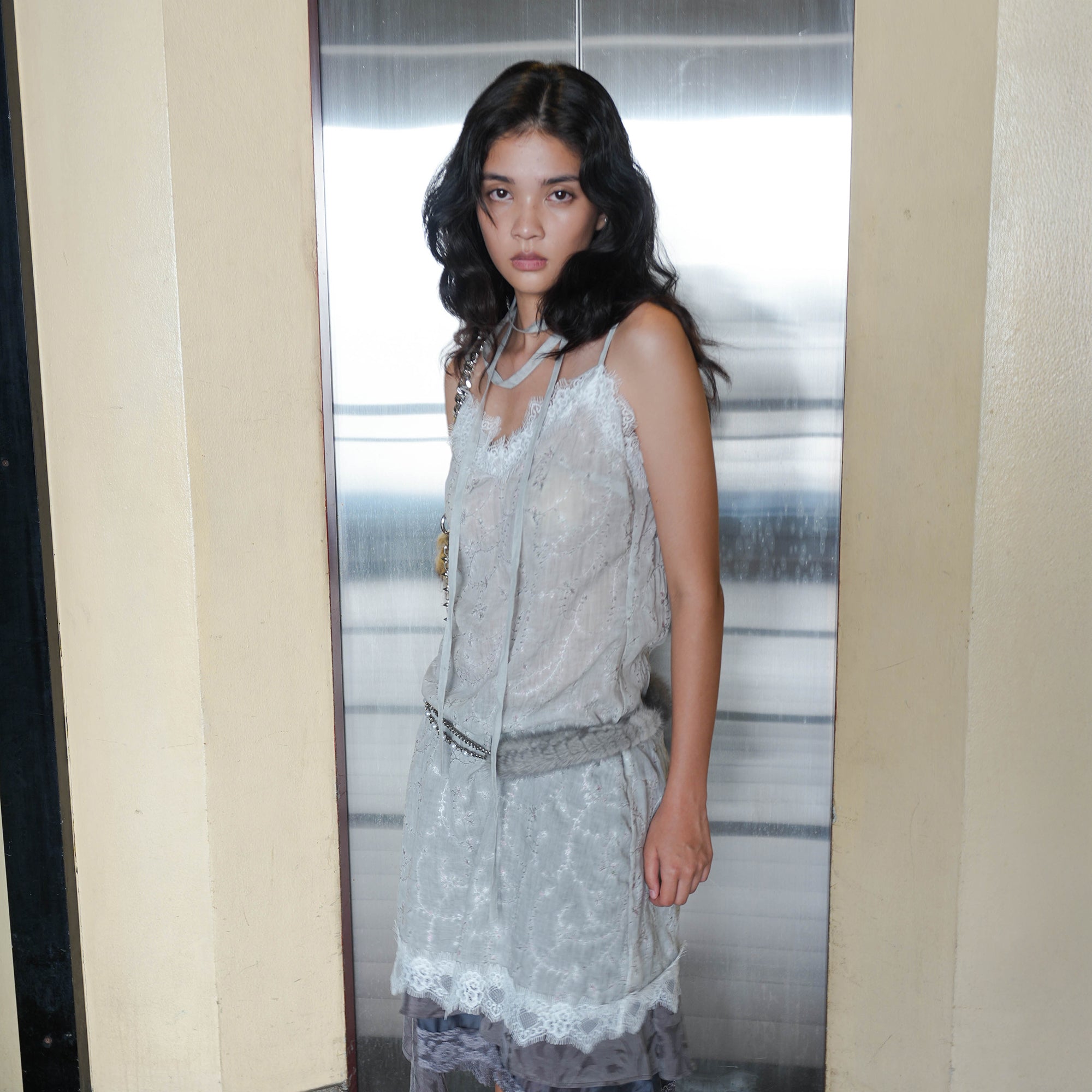 JIUWU PARK Floral Lace Trim Slip Dress