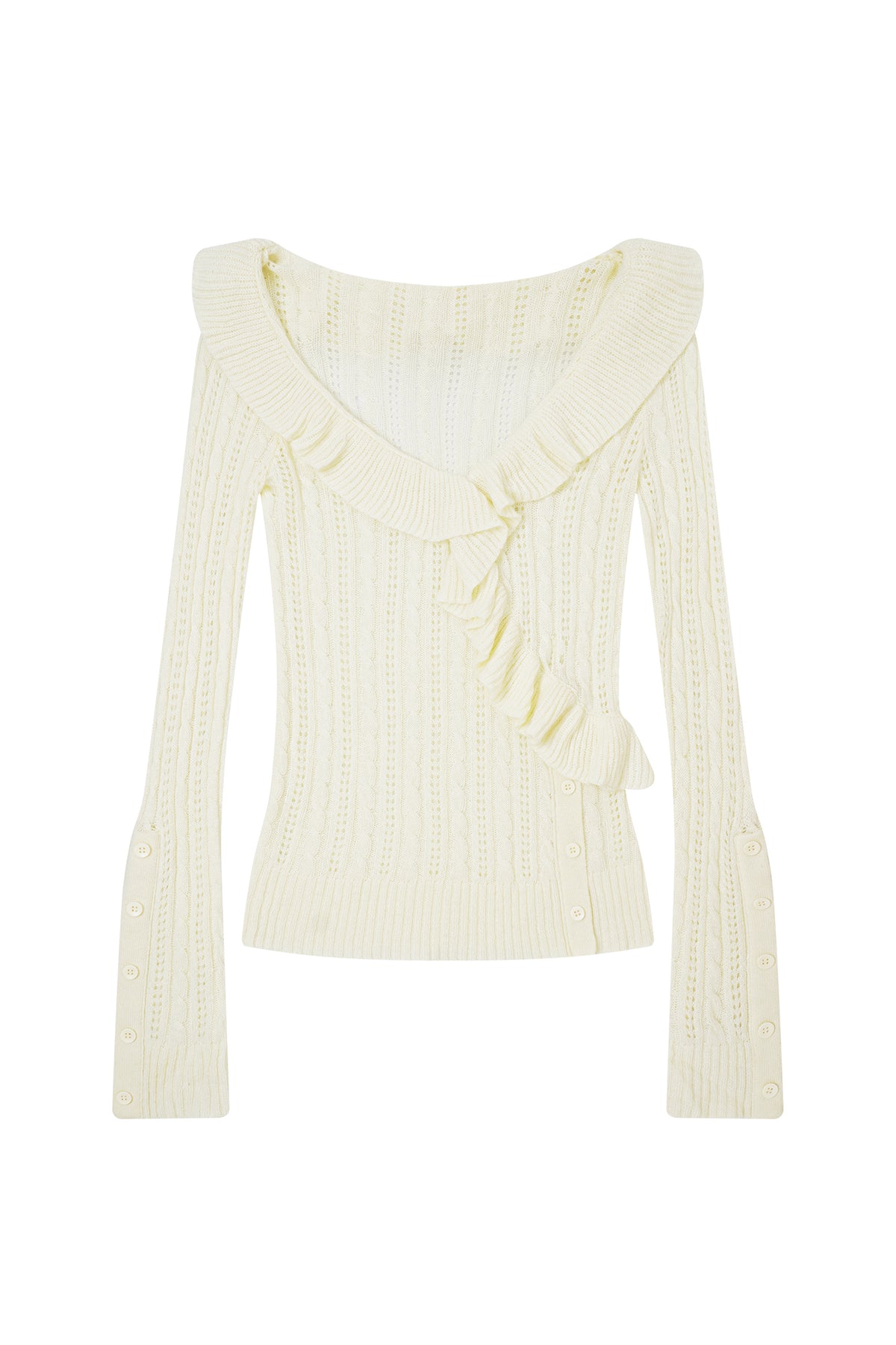 FAYCHUI Cable-Knit Cut-Out Ruffle-Hem Slim Sweater