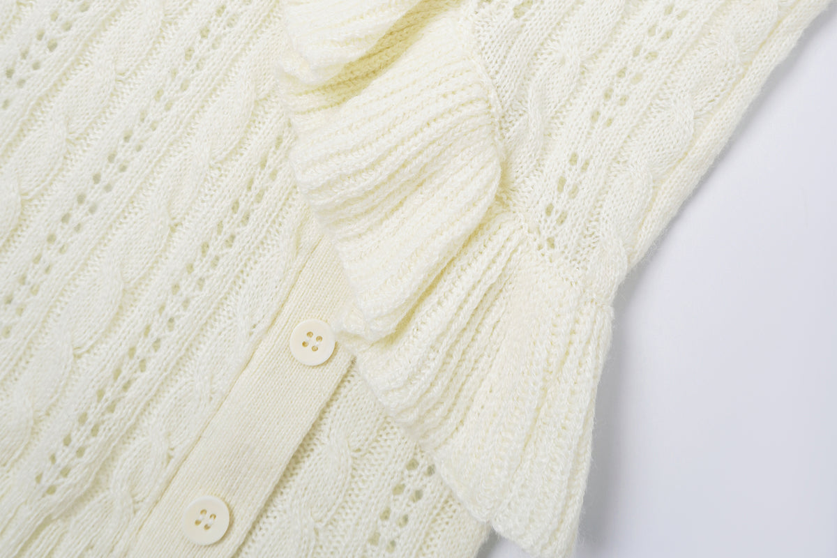 FAYCHUI Cable-Knit Cut-Out Ruffle-Hem Slim Sweater