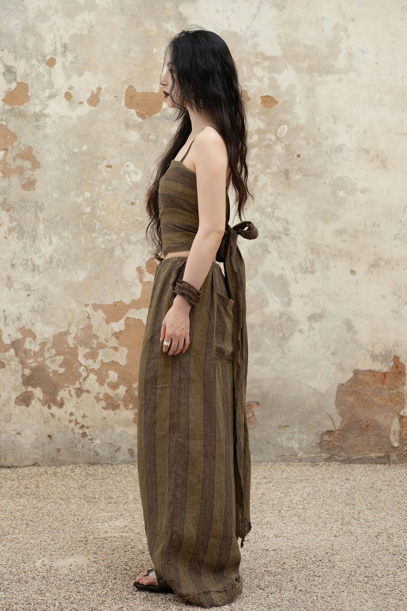 INCH LIM Striped Raw-Edge Drawstring Wide-Leg Pants