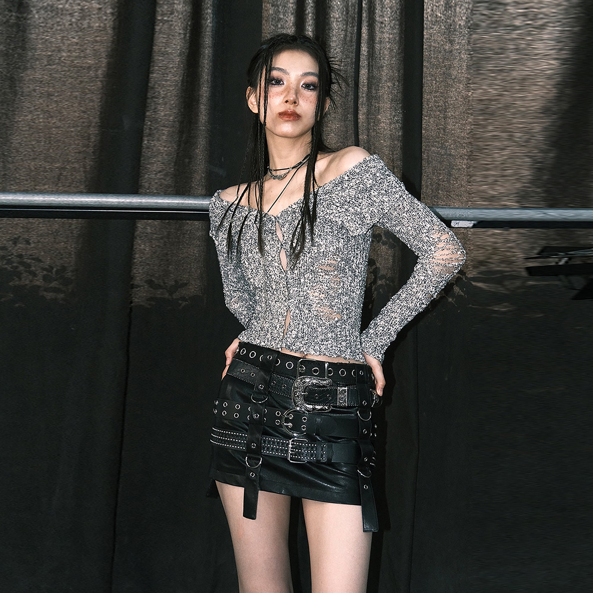 WHYNOTDANCE Belted Studded Faux Leather Bodycon Skirt