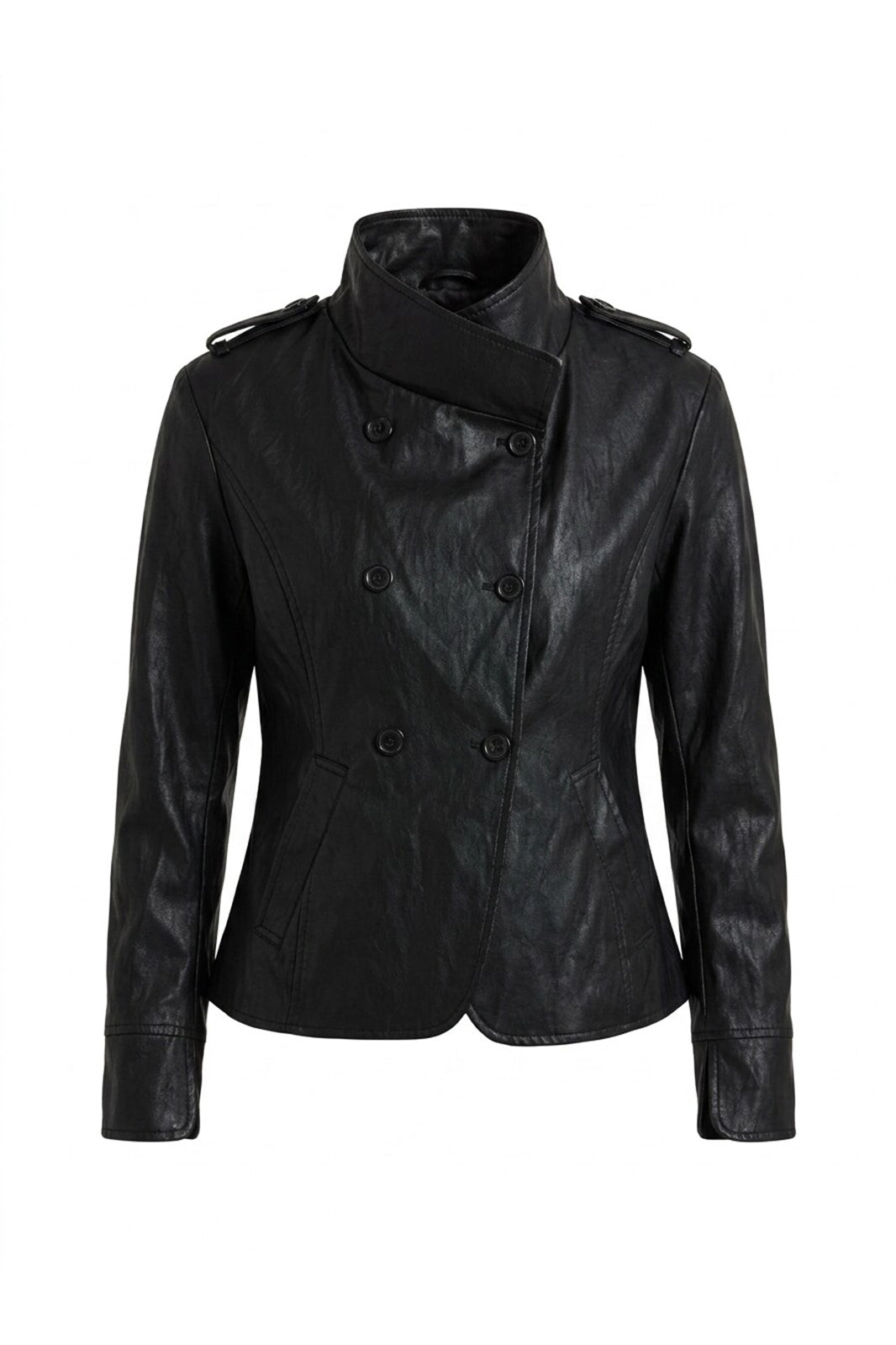 ANTENNA EFFECT Retro Double-Breasted Faux Leather Slim Jacket