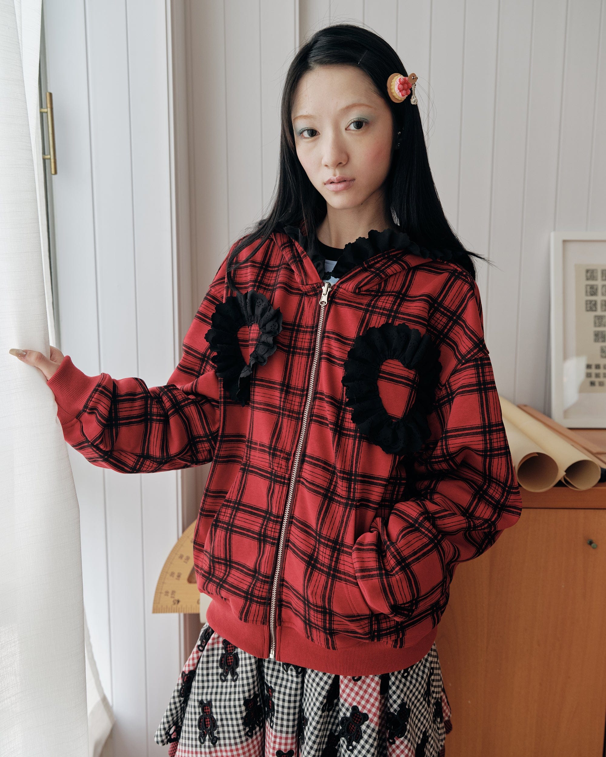 HAVE A MEAL Plaid Ruffle Trim Zip-Up Hoodie