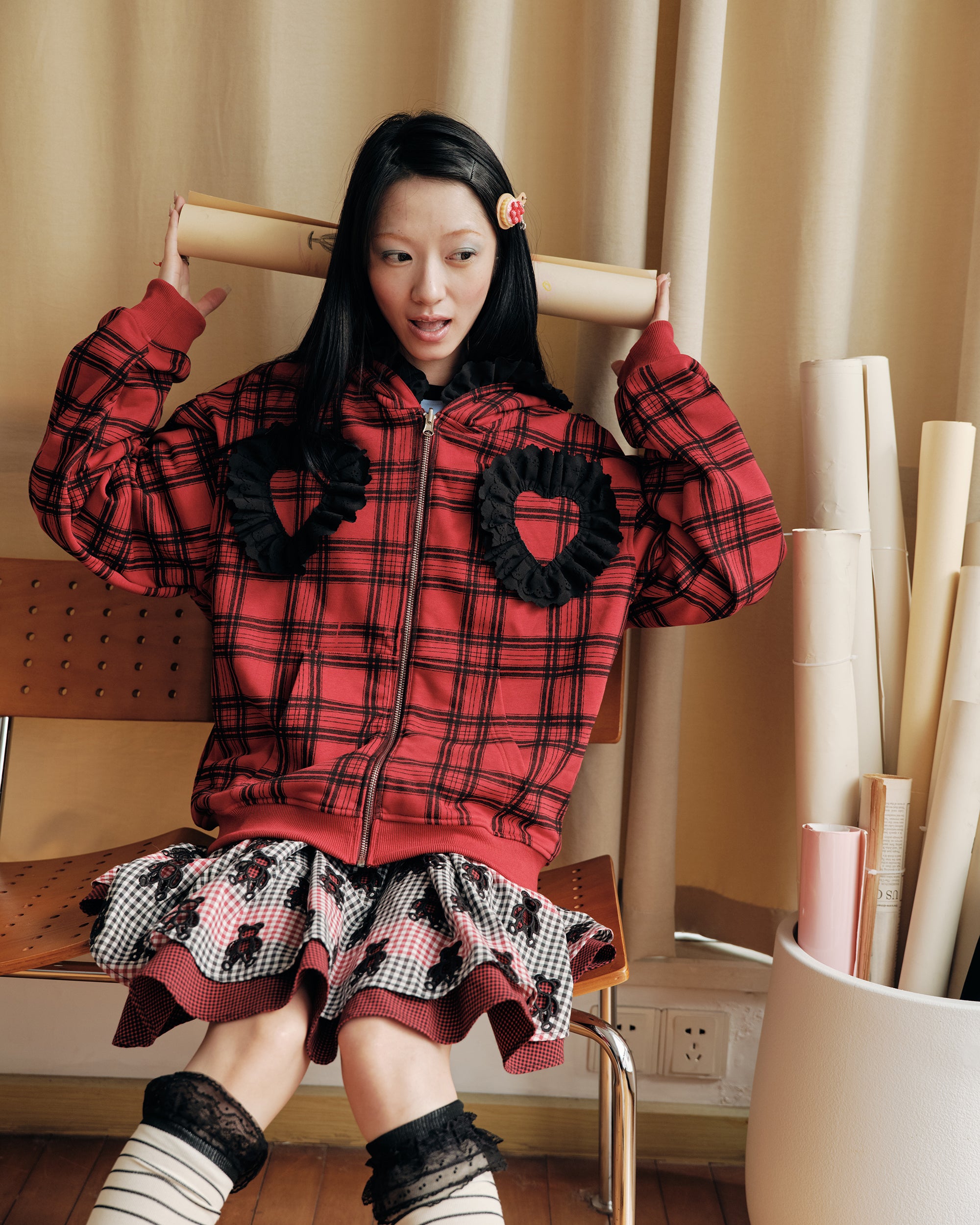 HAVE A MEAL Plaid Ruffle Trim Zip-Up Hoodie
