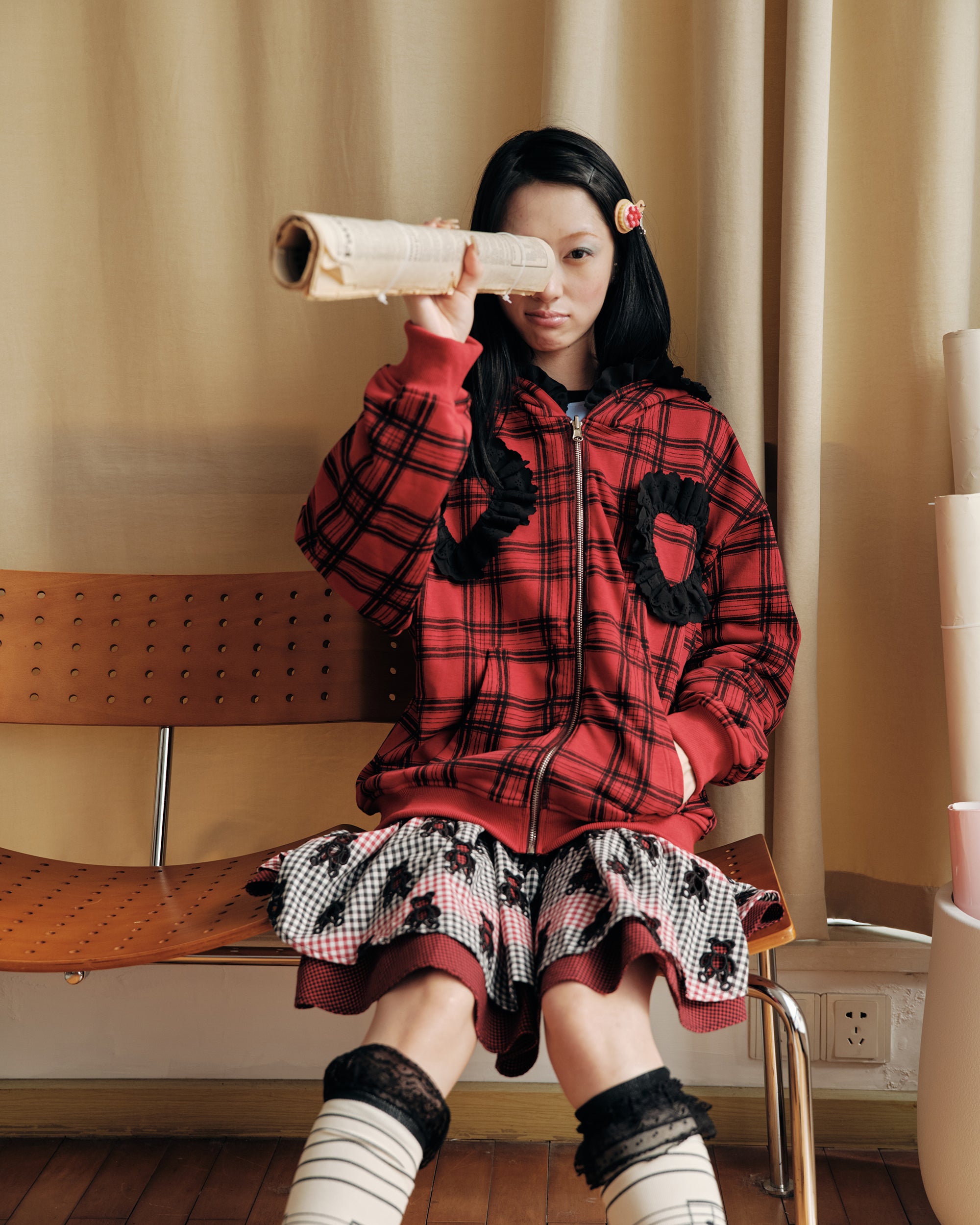 HAVE A MEAL Plaid Ruffle Trim Zip-Up Hoodie