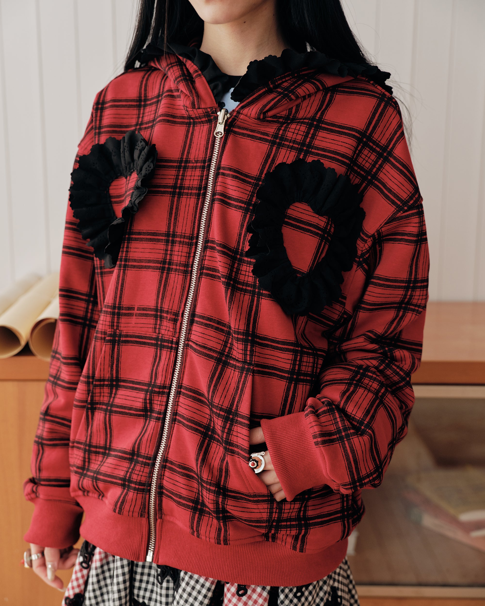 HAVE A MEAL Plaid Ruffle Trim Zip-Up Hoodie