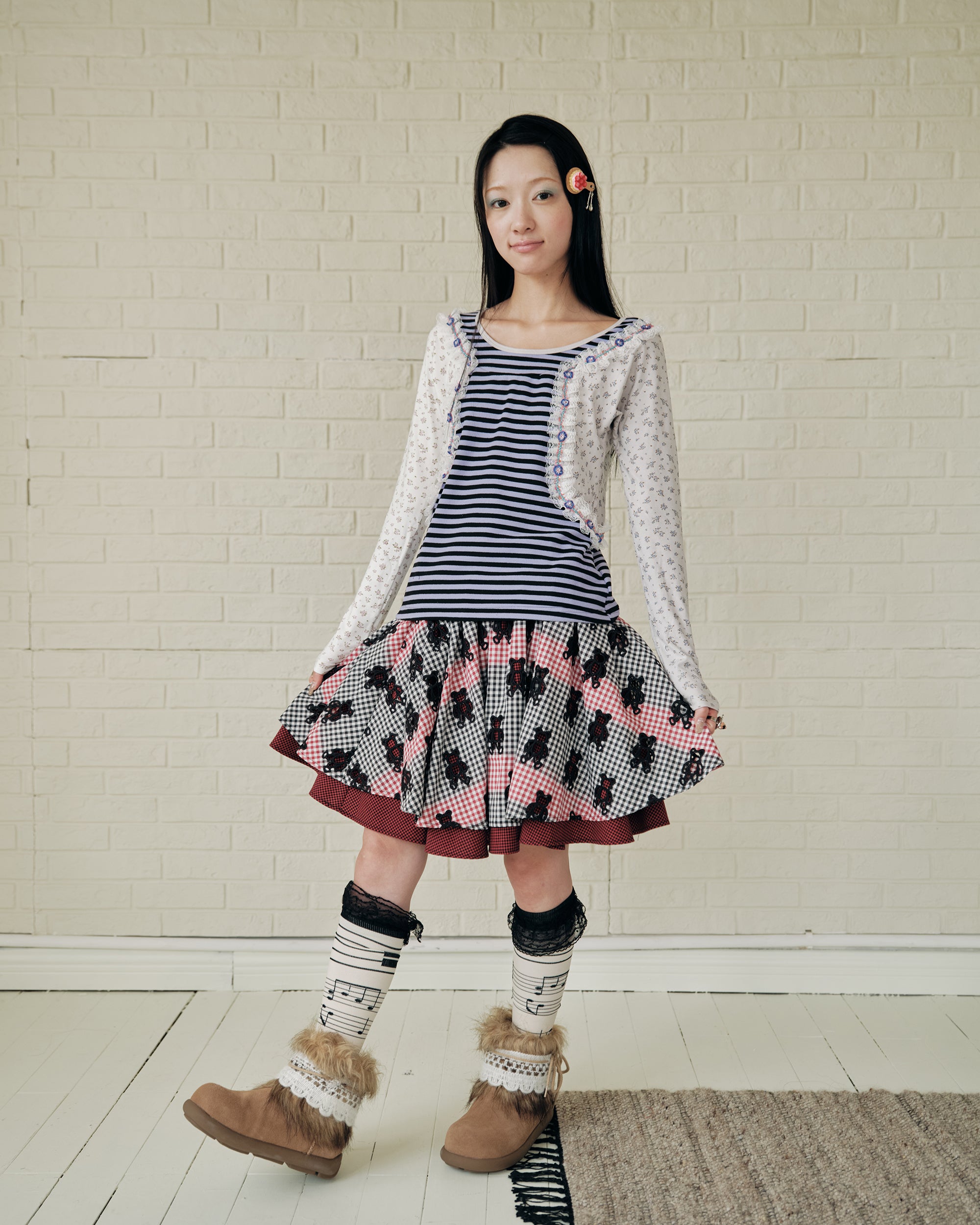 HAVEAMEAL Stripe Floral Lace Spliced Long-Sleeve Tee