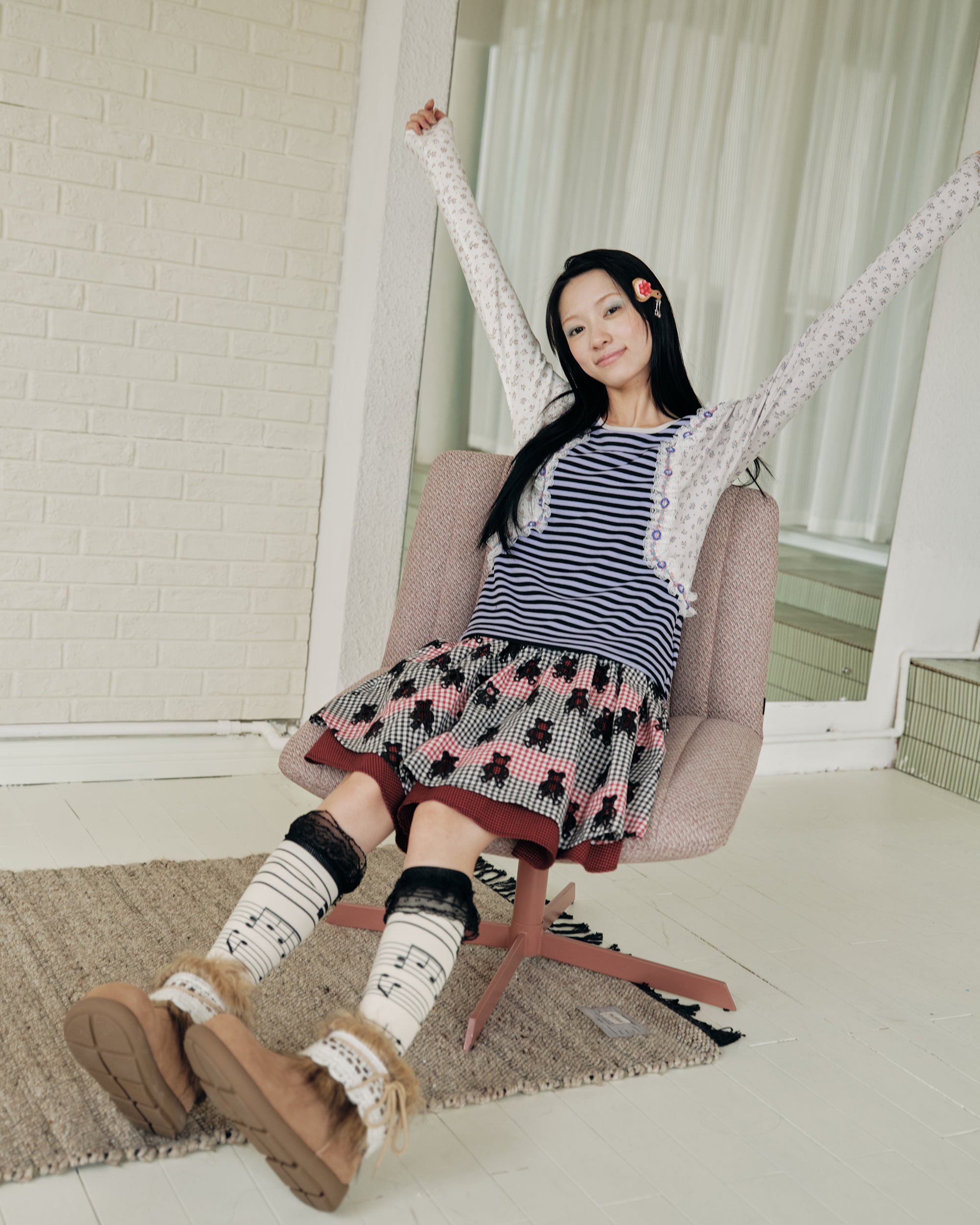 HAVEAMEAL Stripe Floral Lace Spliced Long-Sleeve Tee