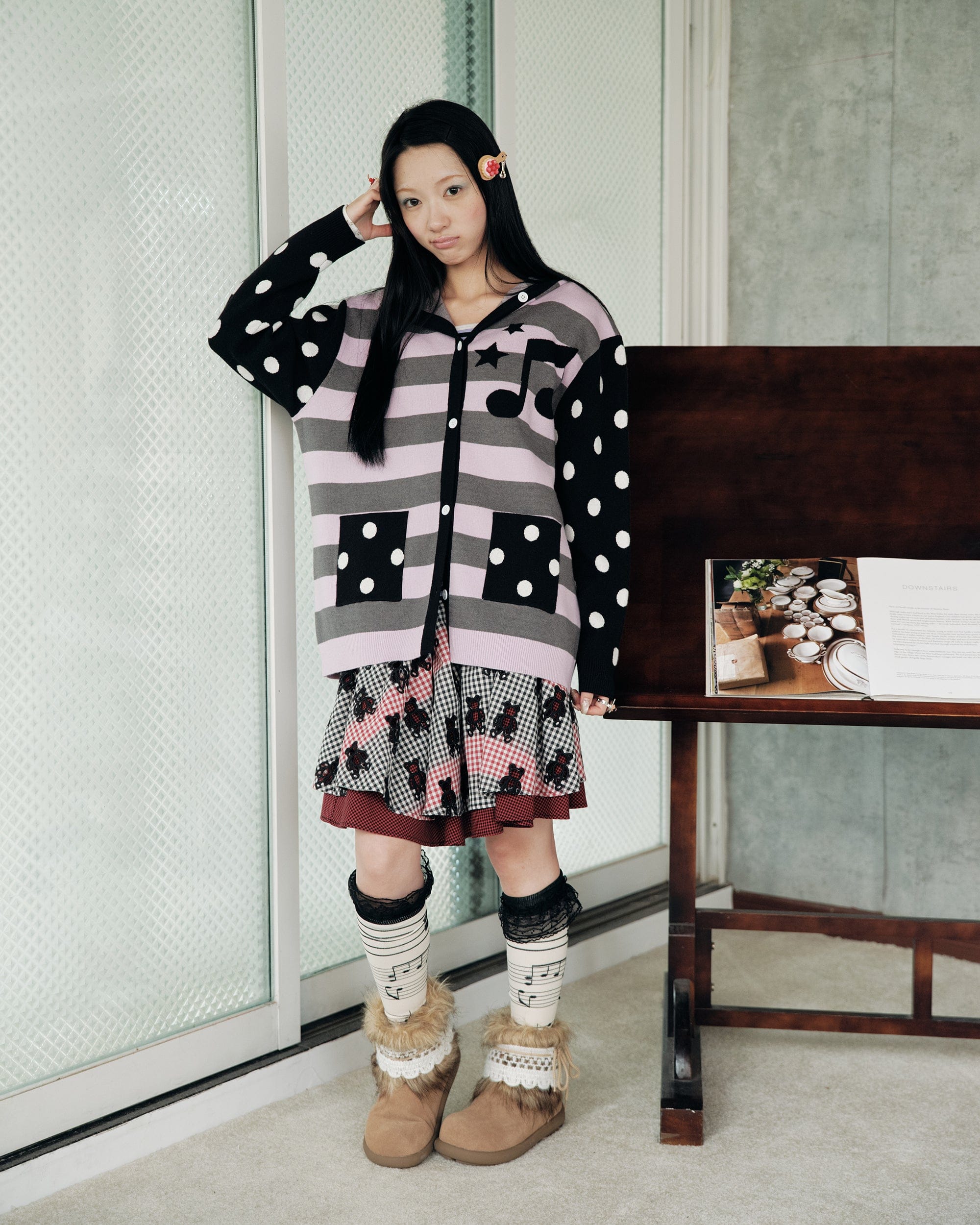 HAVE A MEAL Spliced Stripe Polka Dot Hooded Cardigan