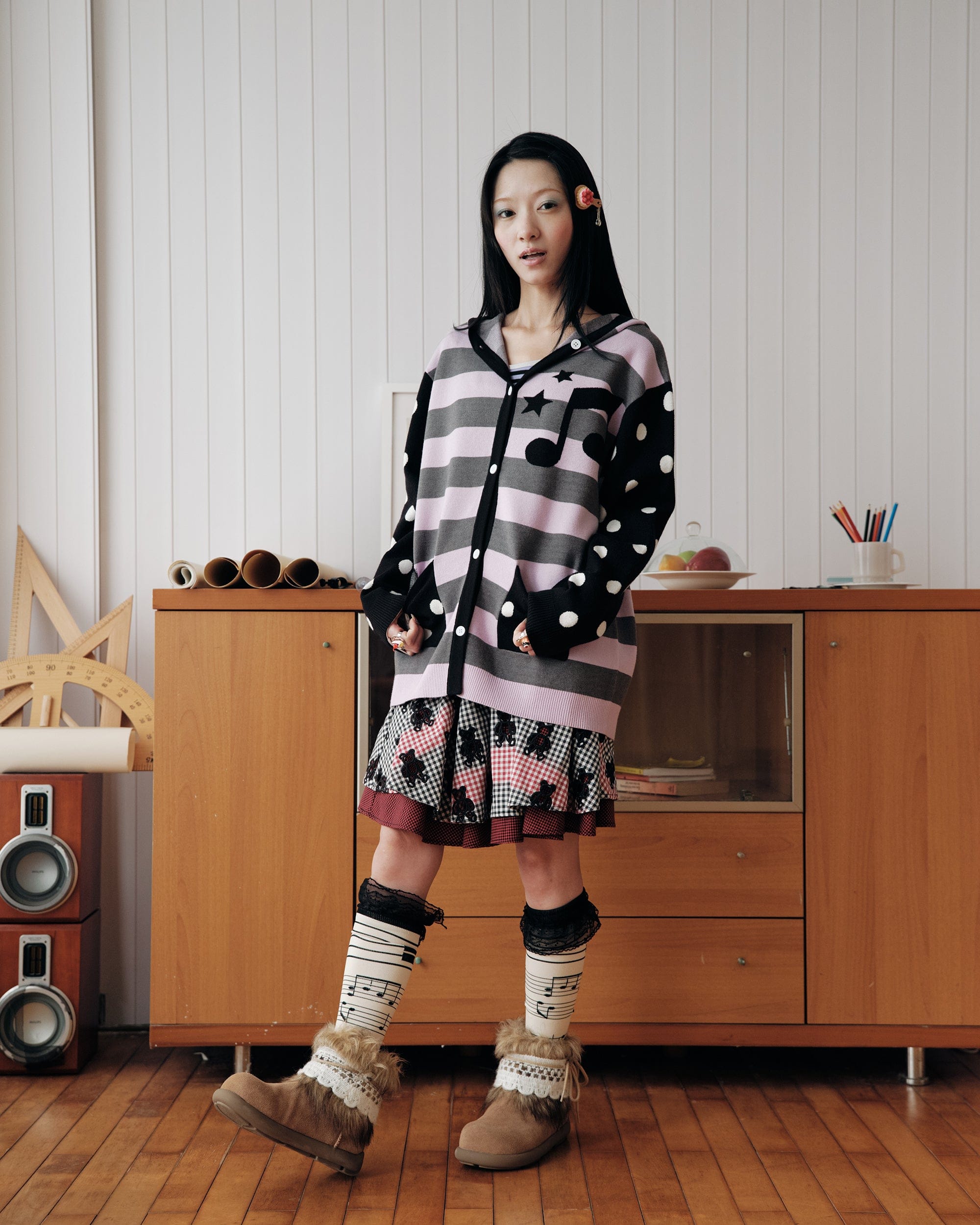 HAVE A MEAL Spliced Stripe Polka Dot Hooded Cardigan