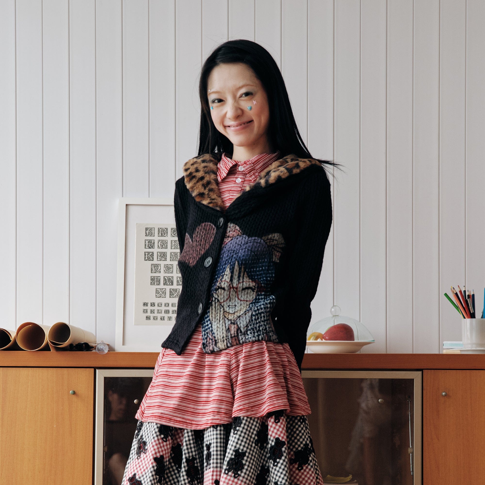 HAVE A MEAL Retro Graphic Leopard Collar Cardigan