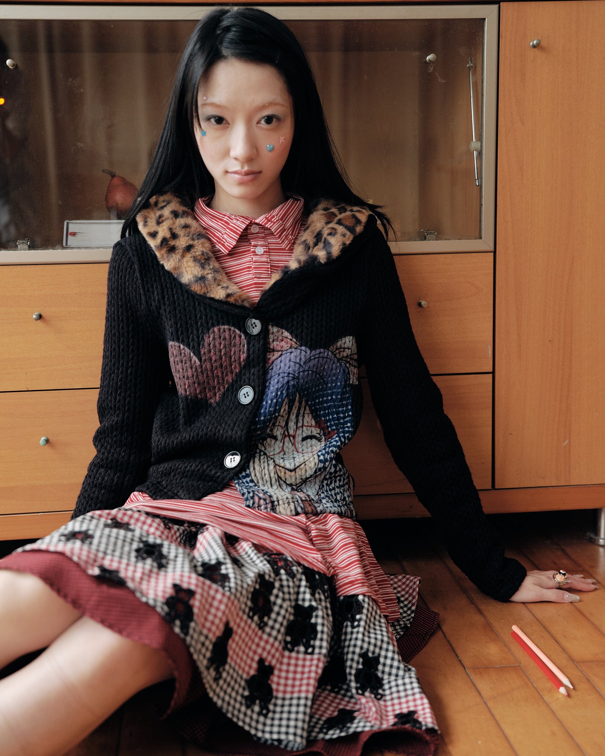 HAVE A MEAL Retro Graphic Leopard Collar Cardigan