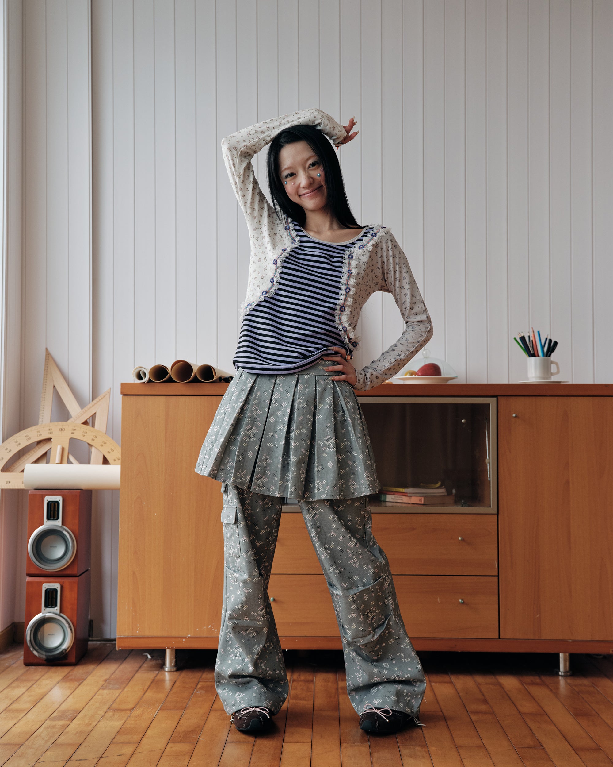 HAVEAMEAL Pixel Layered Detachable Skort Straight-Leg Pants