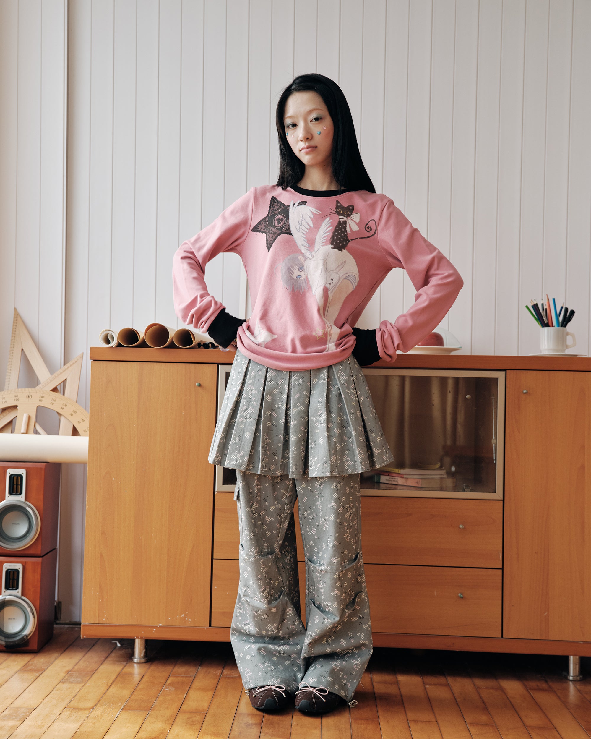 HAVEAMEAL Pixel Layered Detachable Skort Straight-Leg Pants