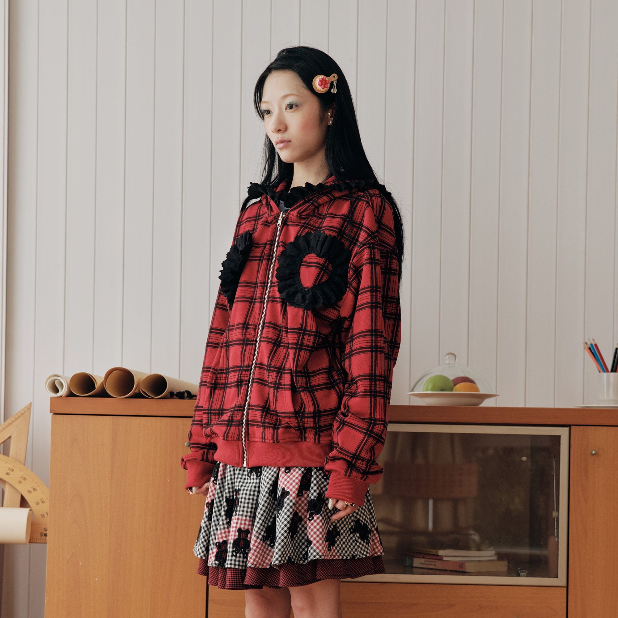 HAVE A MEAL Plaid Ruffle Trim Zip-Up Hoodie