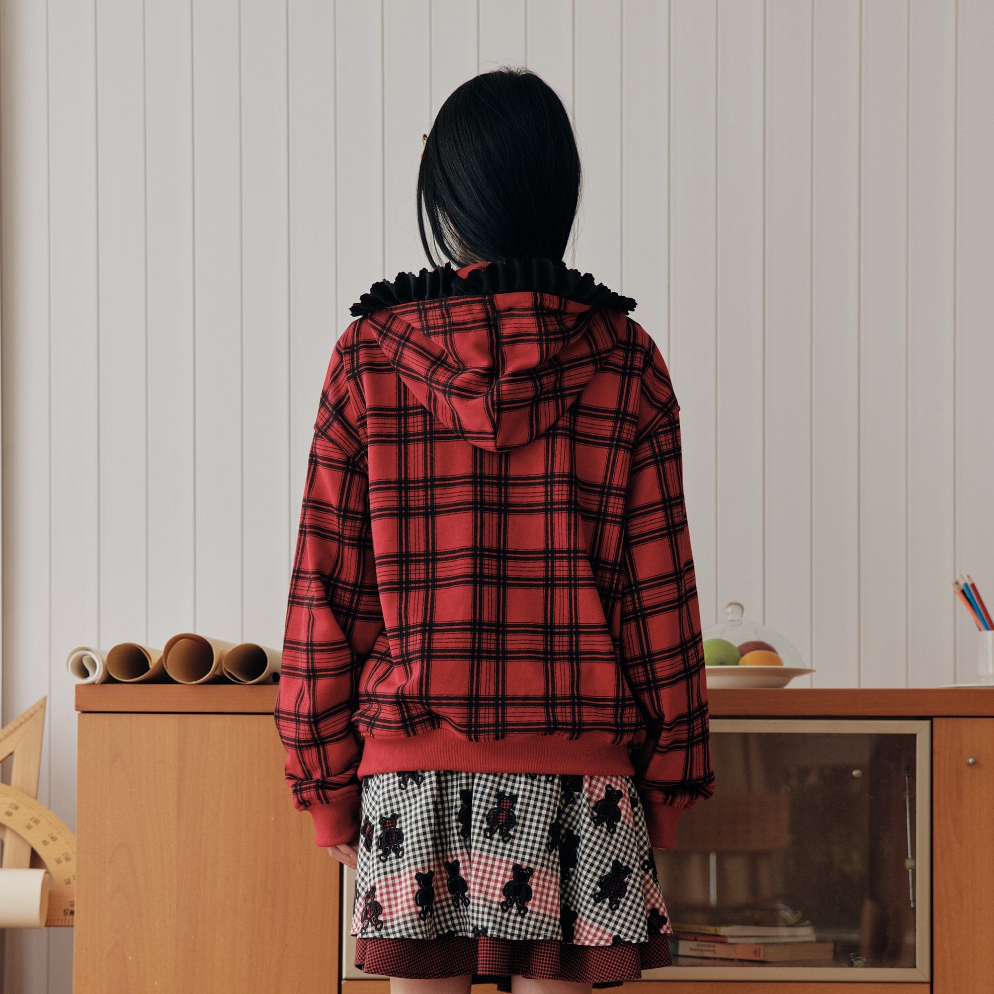 HAVE A MEAL Plaid Ruffle Trim Zip-Up Hoodie