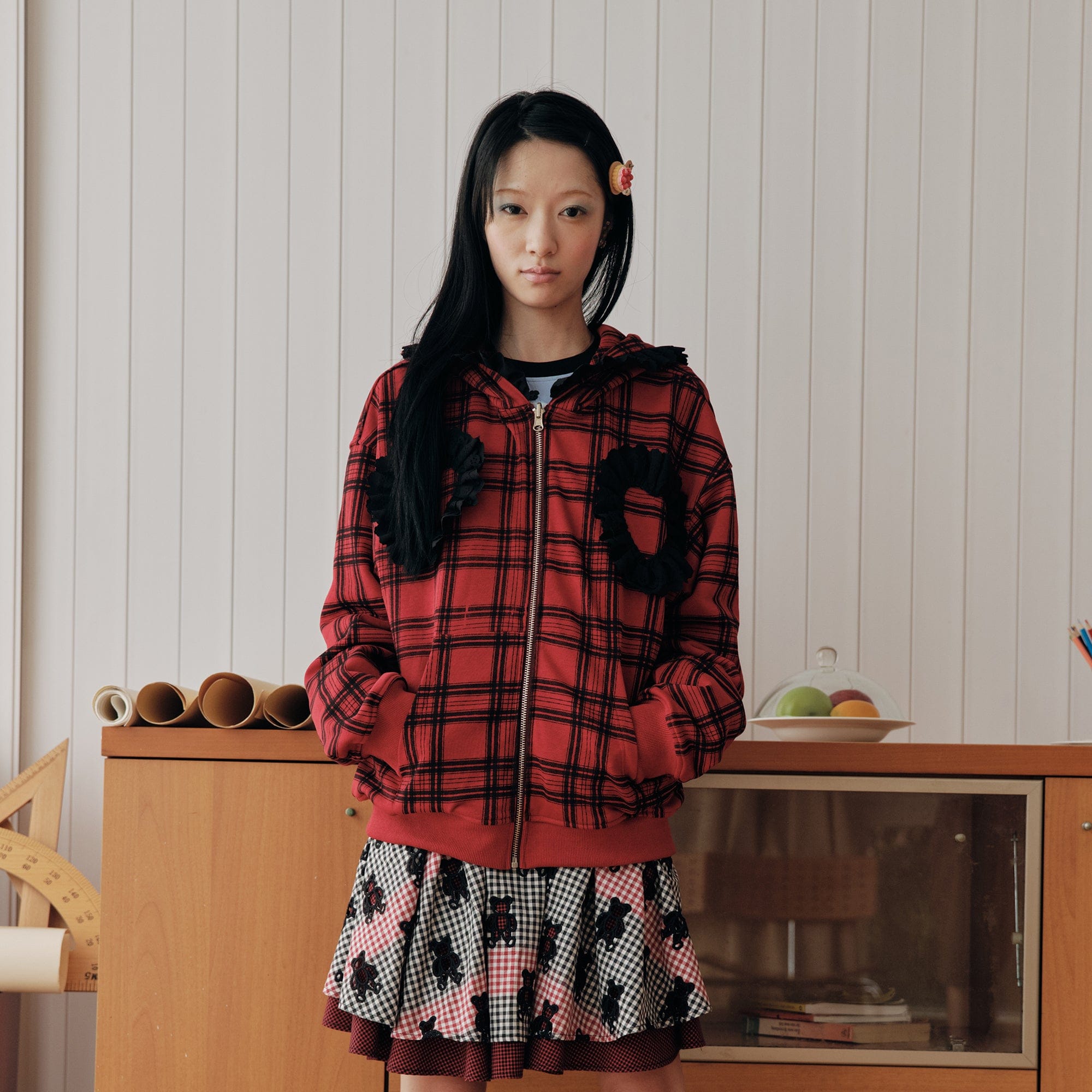 HAVE A MEAL Plaid Ruffle Trim Zip-Up Hoodie