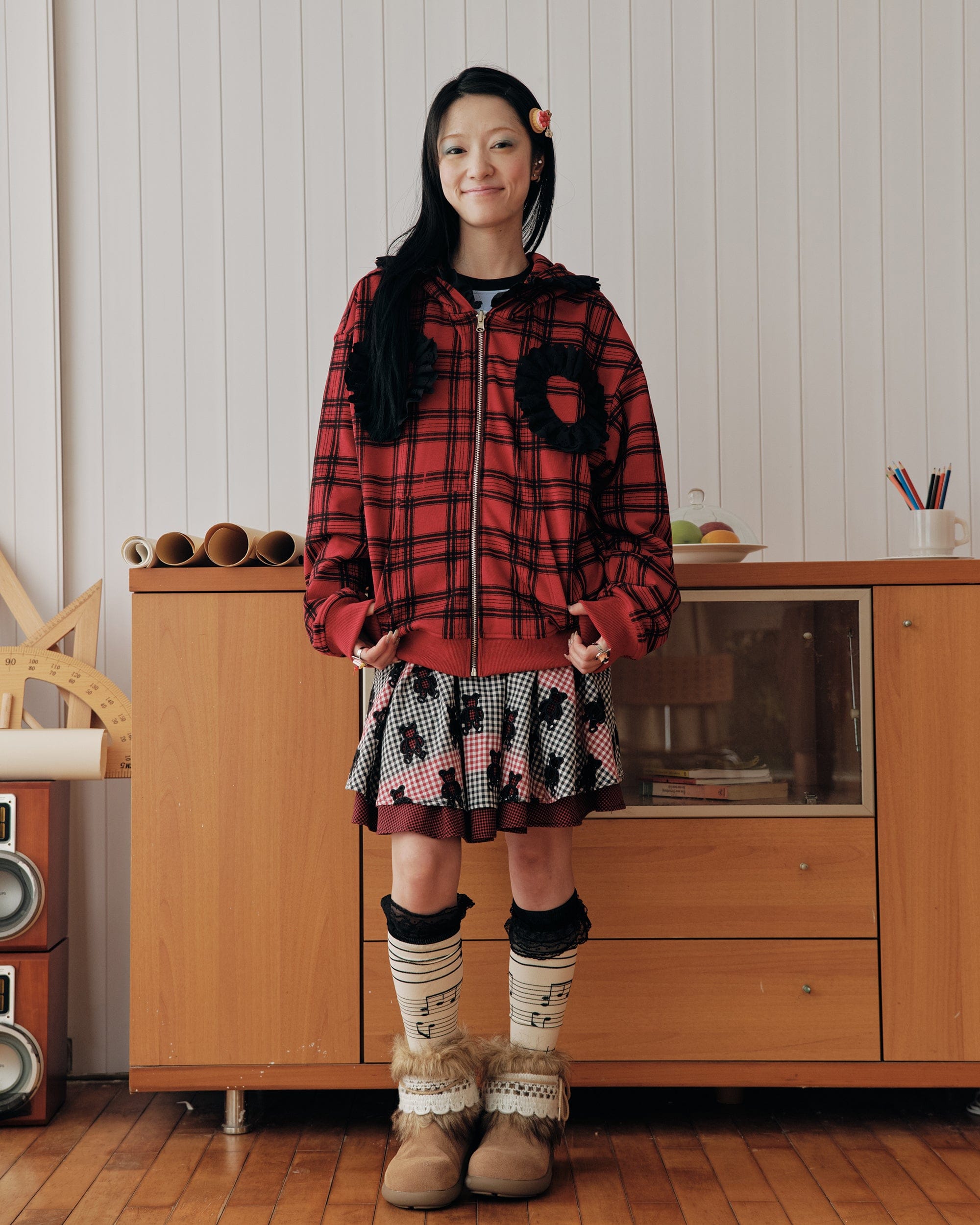 HAVE A MEAL Plaid Ruffle Trim Zip-Up Hoodie