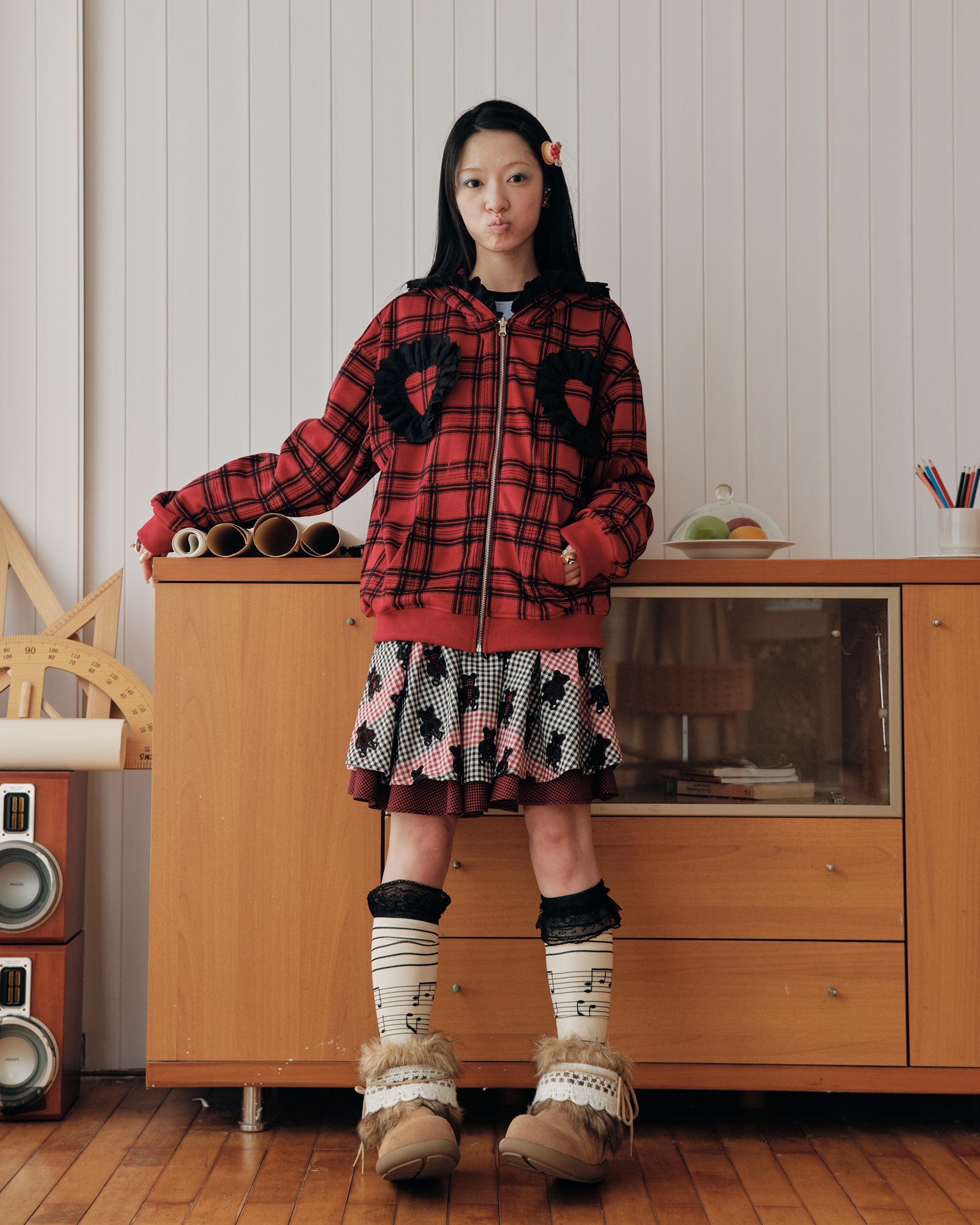 HAVE A MEAL Plaid Ruffle Trim Zip-Up Hoodie