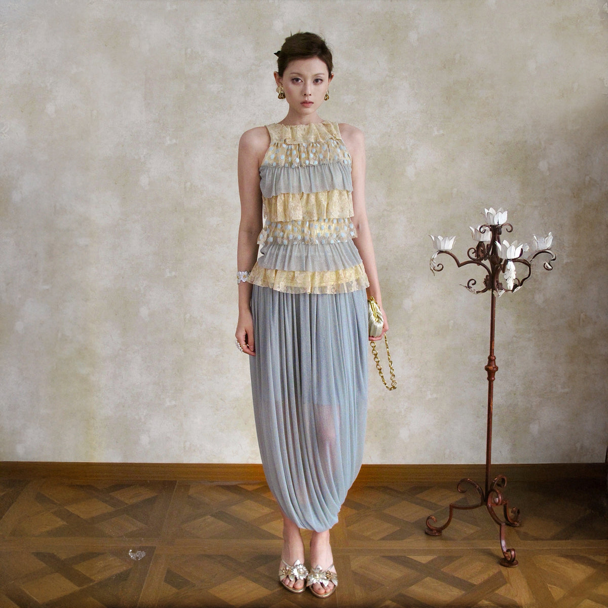 ANNIE ARMOR Tiered Ruffle Lace Top & Pleated Maxi Skirt Set