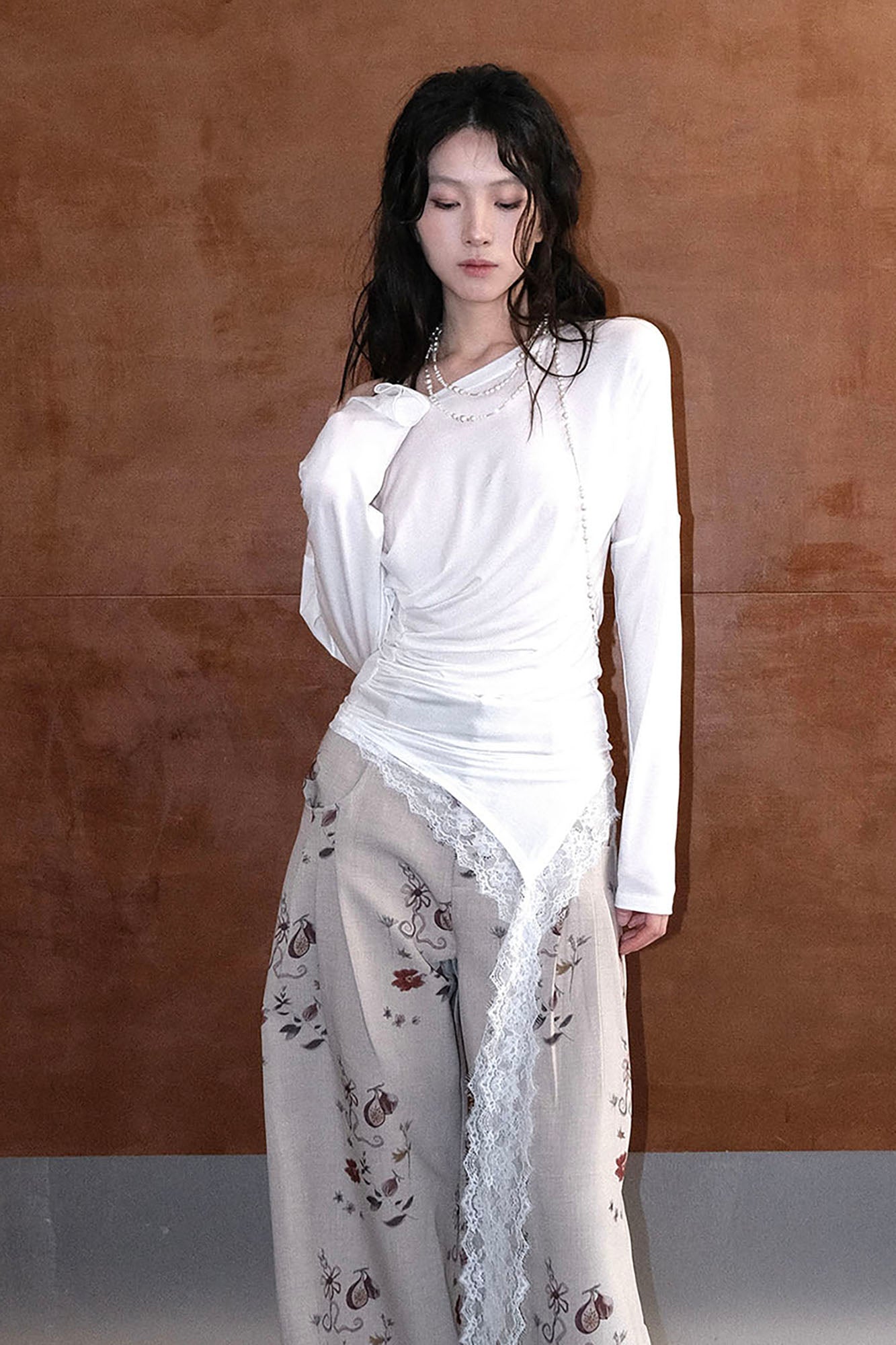 WHYNOTDANCE Asymmetric Ruched Lace-Trim Long-Sleeve Tee