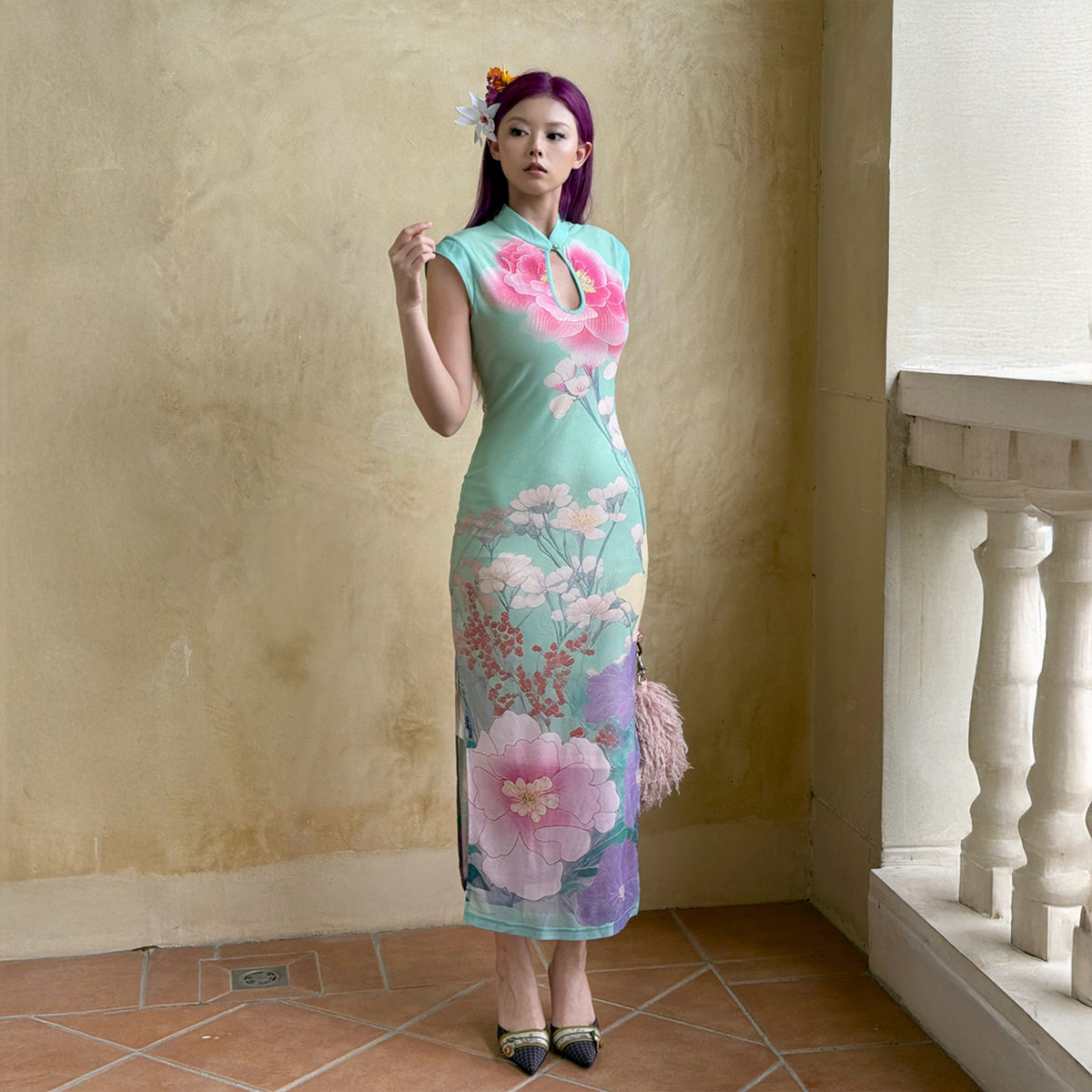 ANNIE ARMOR Peony Print Maxi Qipao Dress
