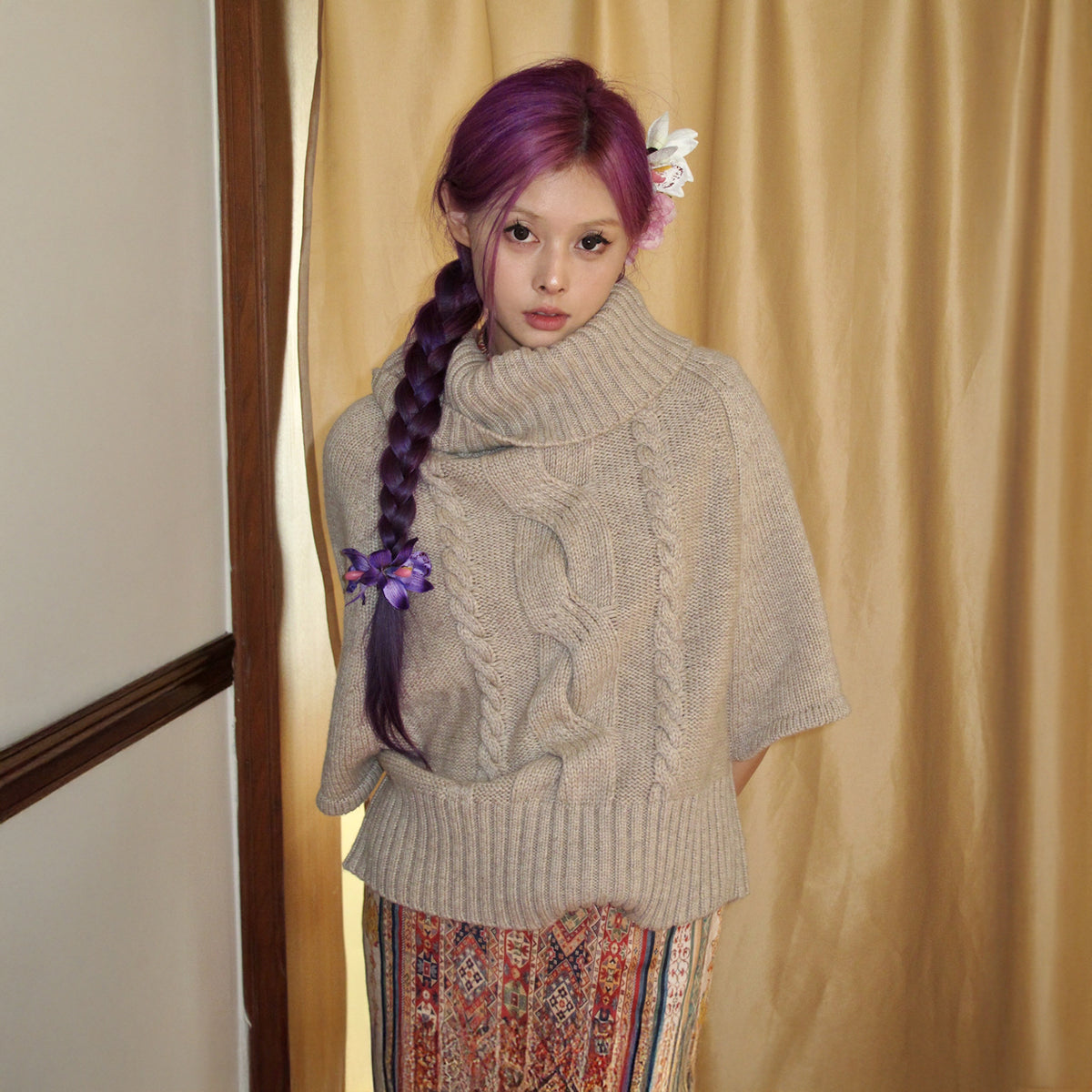 ANNIE ARMOR Cable-Knit Merino Wool Oversized Cape Sweater
