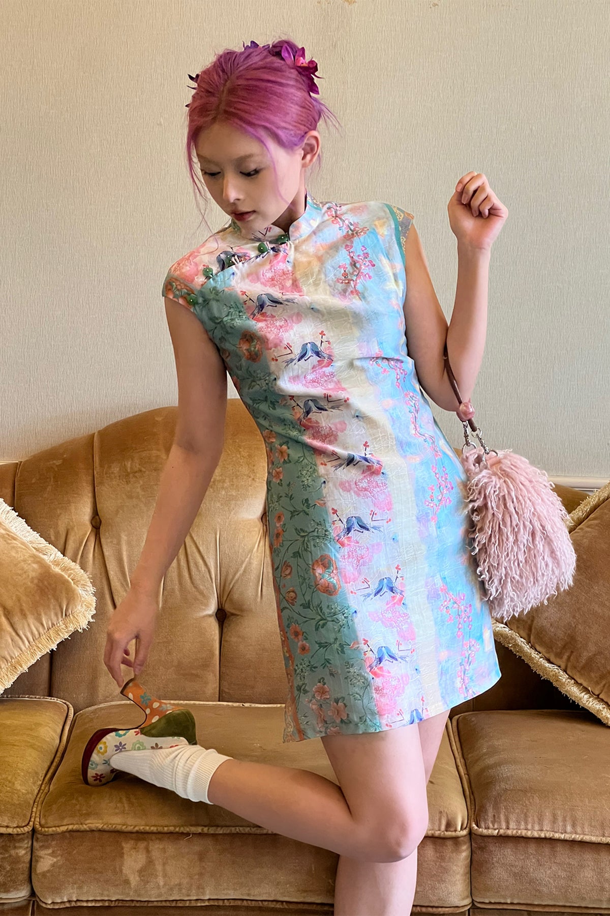 ANNIE ARMOR Floral Graphic Qipao-Inspired Mini Dress