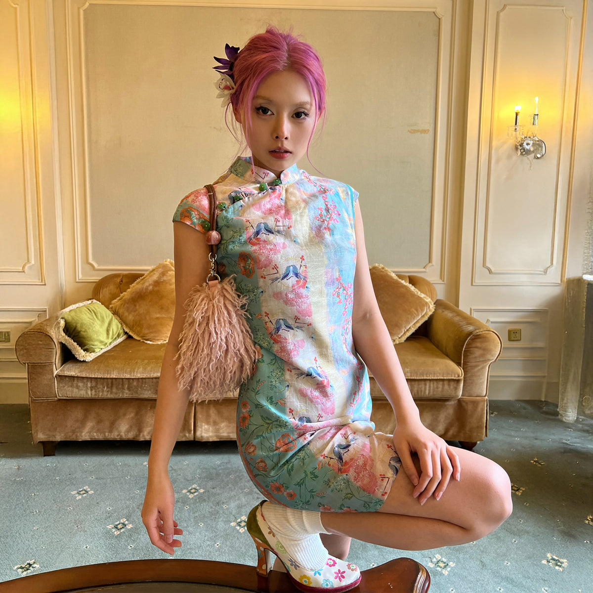 ANNIE ARMOR Floral Graphic Qipao-Inspired Mini Dress