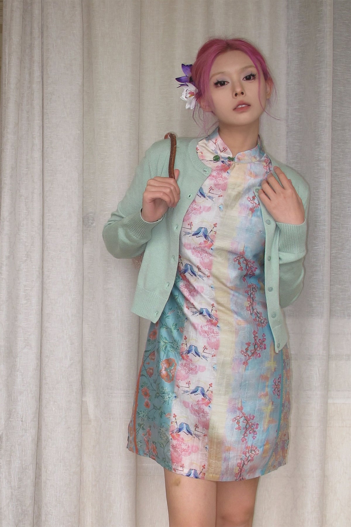 ANNIE ARMOR Floral Graphic Qipao-Inspired Mini Dress