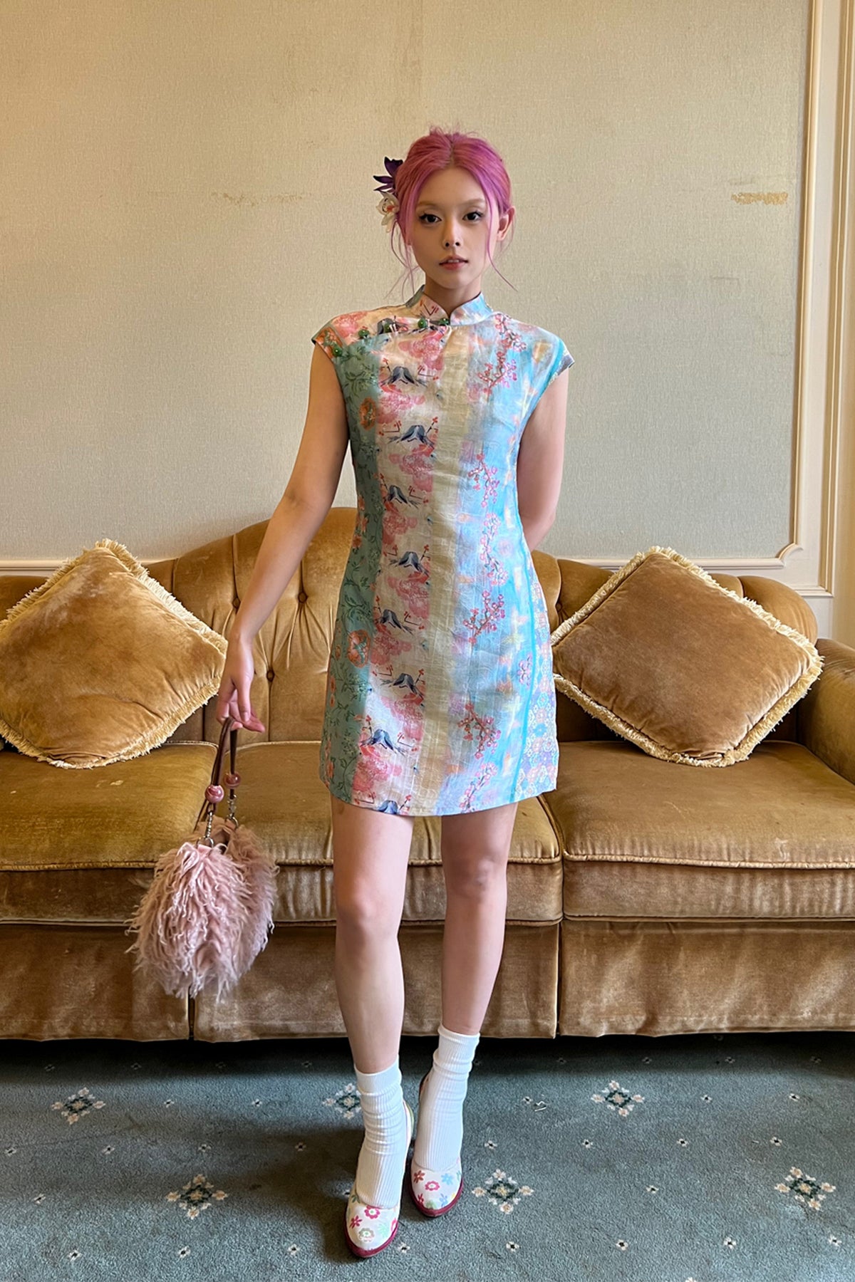 ANNIE ARMOR Floral Graphic Qipao-Inspired Mini Dress