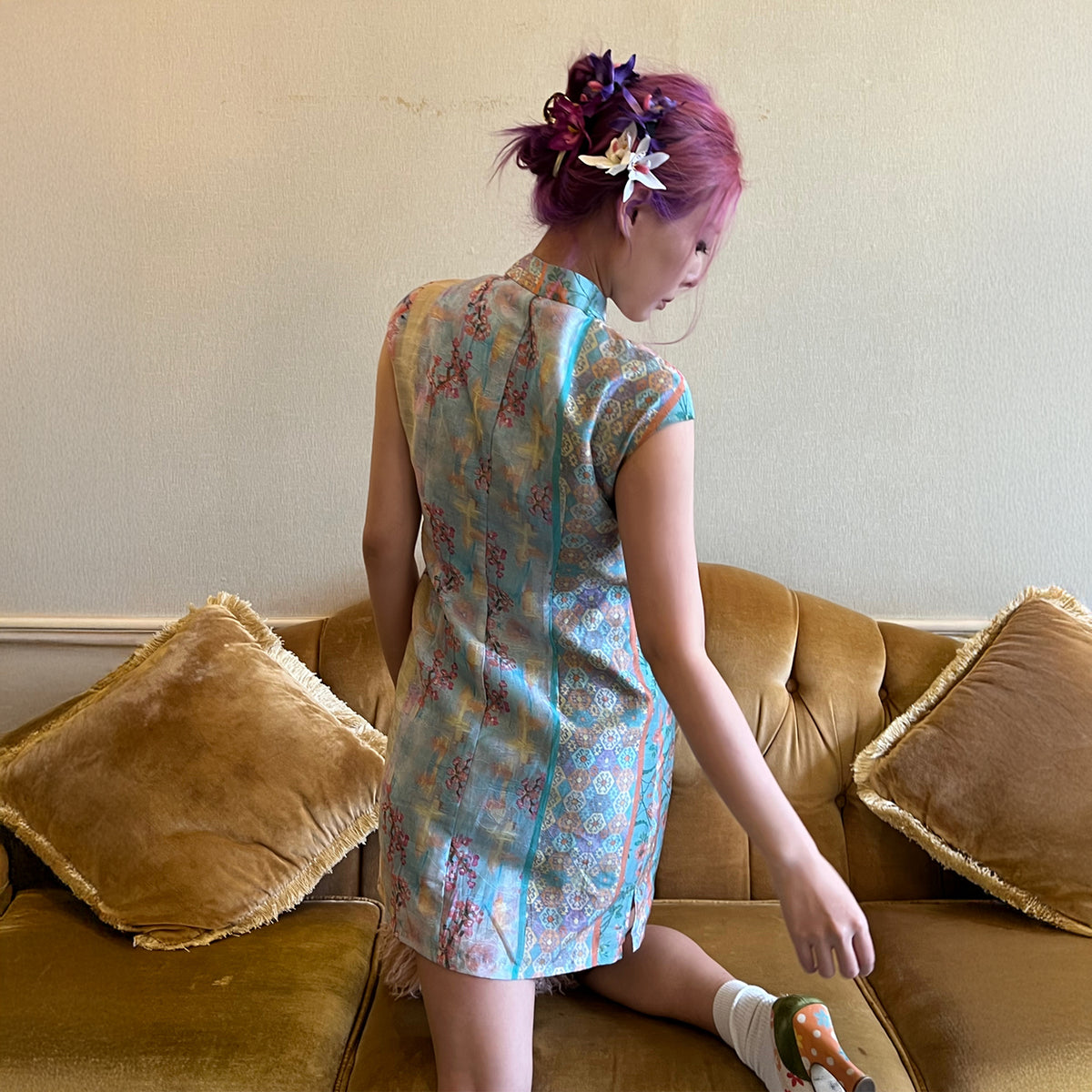 ANNIE ARMOR Floral Graphic Qipao-Inspired Mini Dress