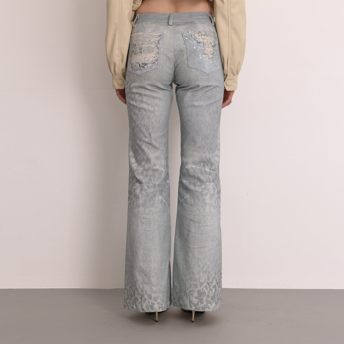 FAYCHUI Washed Leopard Distressed Mesh-Overlay Flared Jeans
