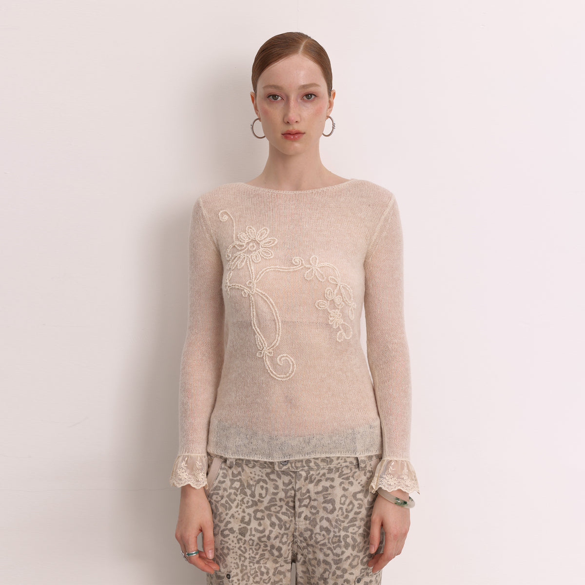 FAYCHUI Floral Rope-Embroidered Beaded Mohair Sweater