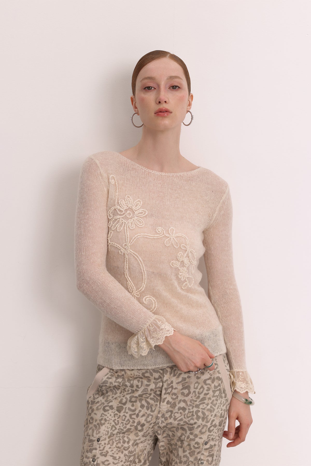 FAYCHUI Floral Rope-Embroidered Beaded Mohair Sweater