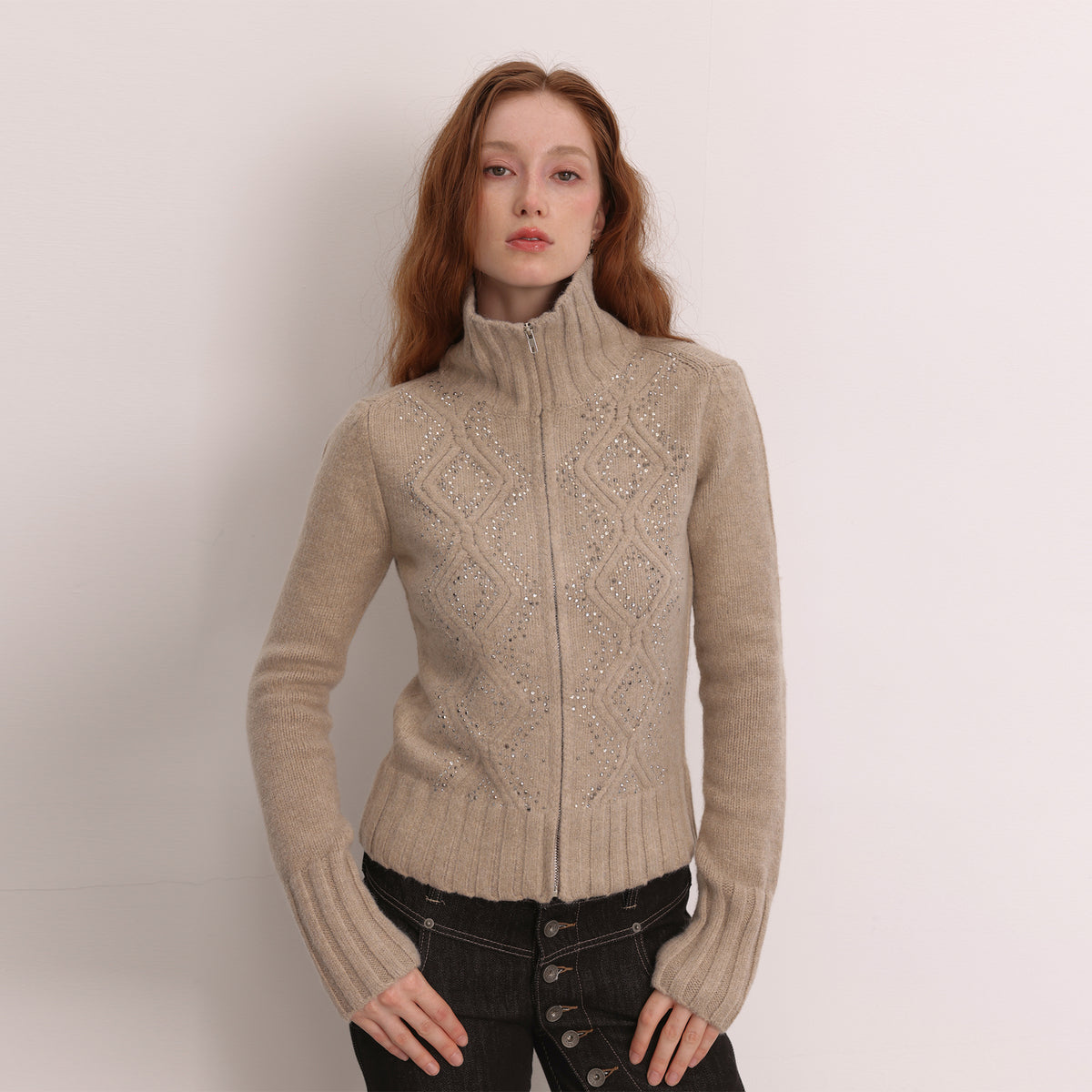 FAYCHUI Diamond Embroidered Ribbed Zip-Up Sweater