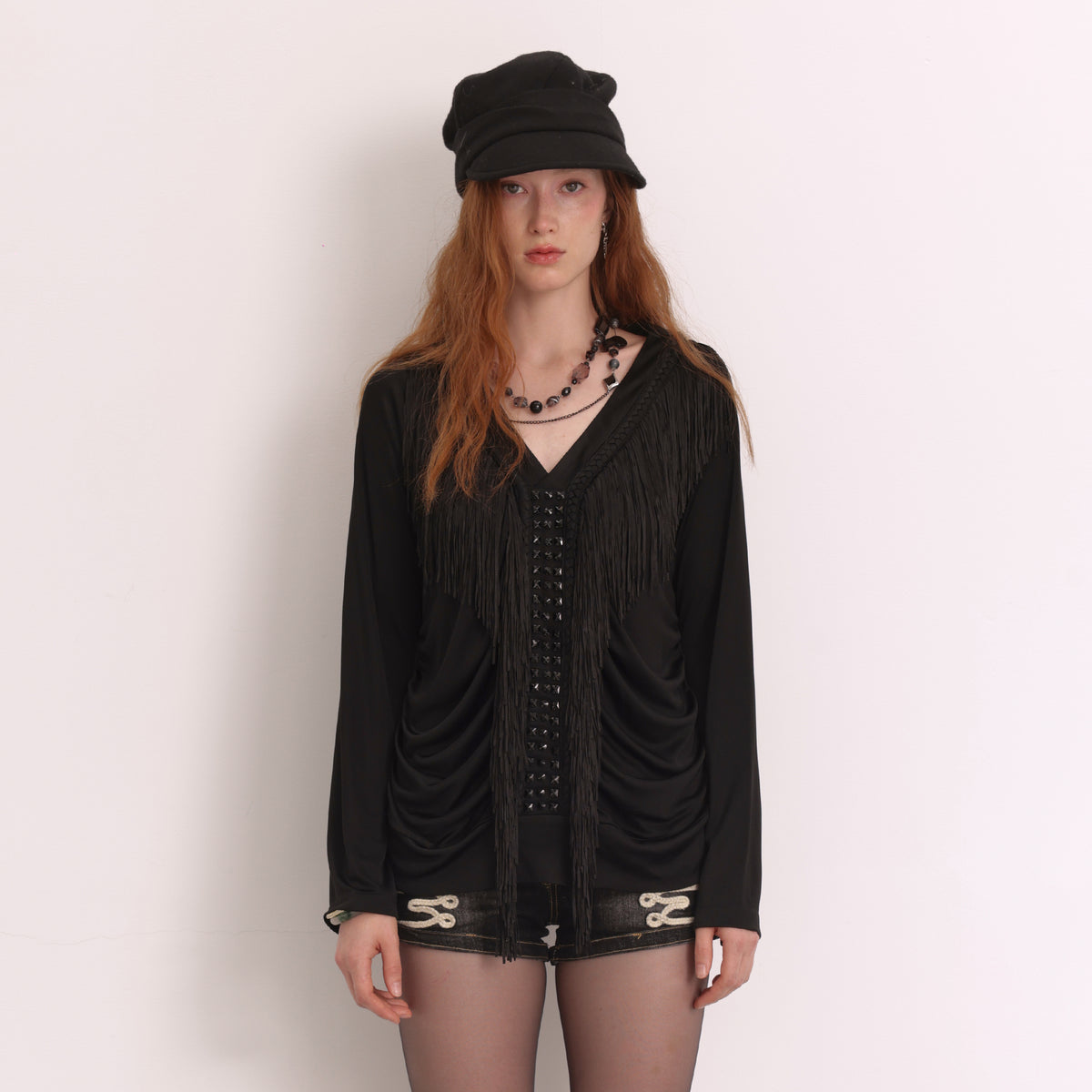 FAYCHUI Diamond Fringe Pleated Long-Sleeve Tee