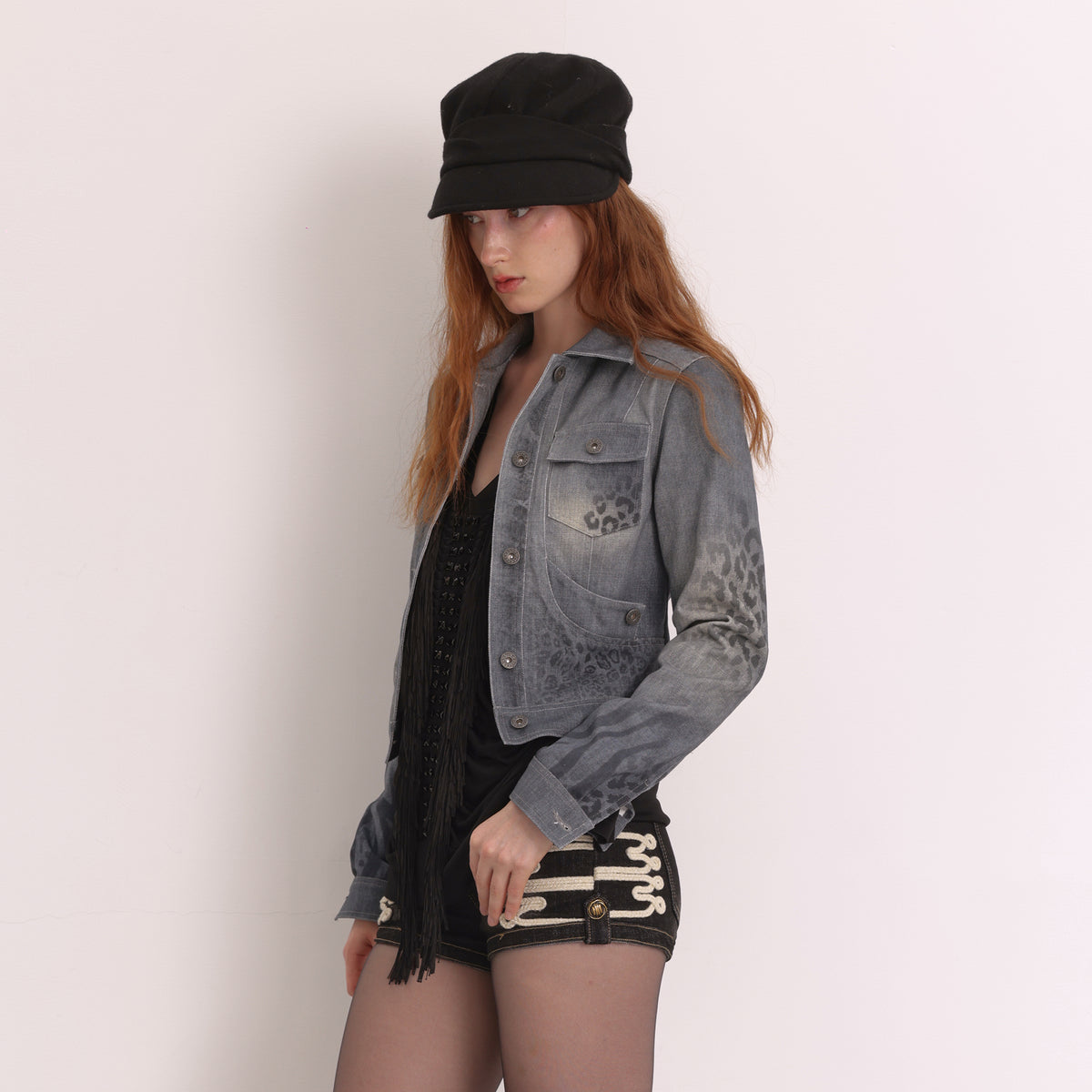 FAYCHUI Retro Washed Leopard-Print Cotton Denim Jacket